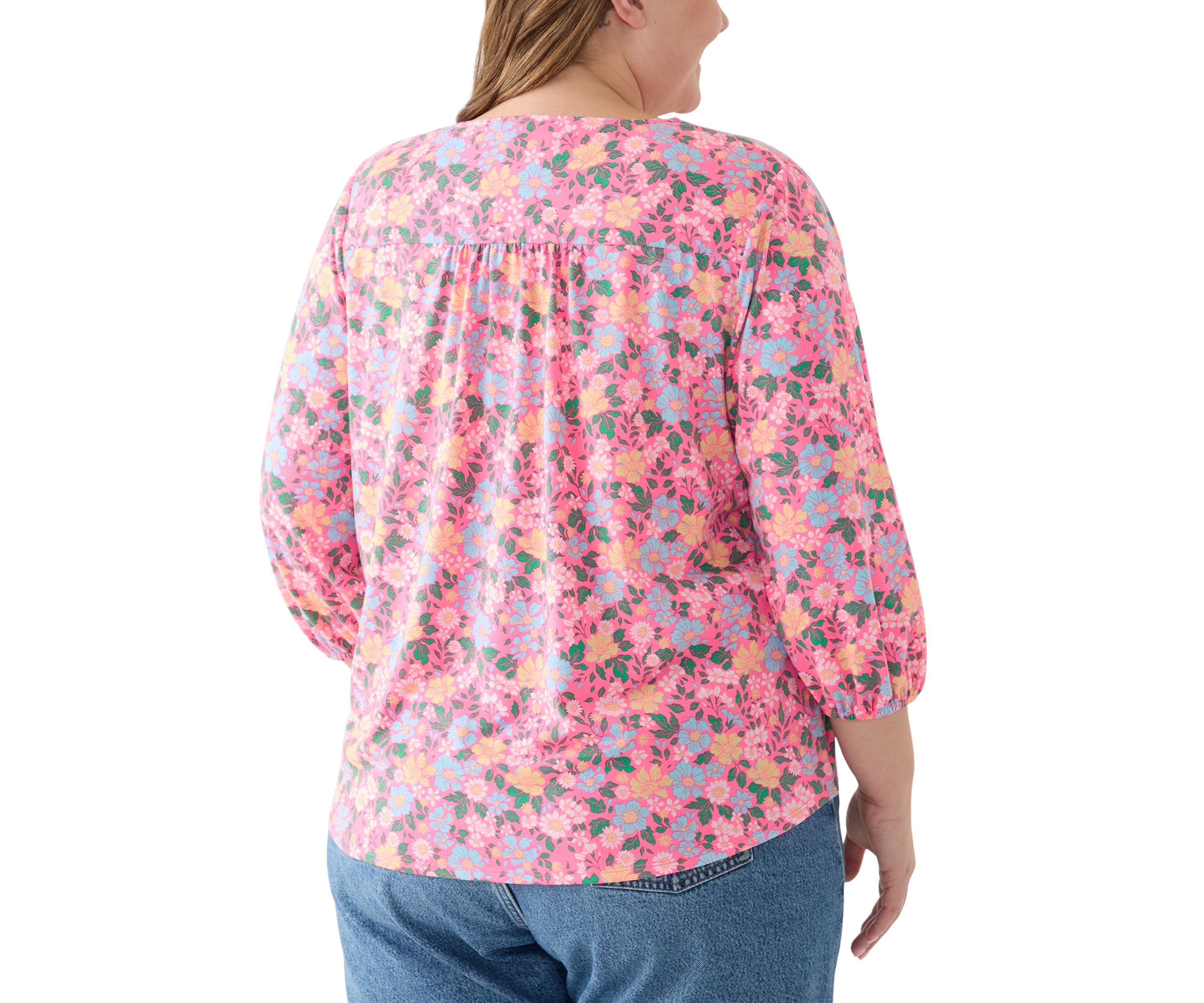 Plus Size Printed Pleated V-Neck Top