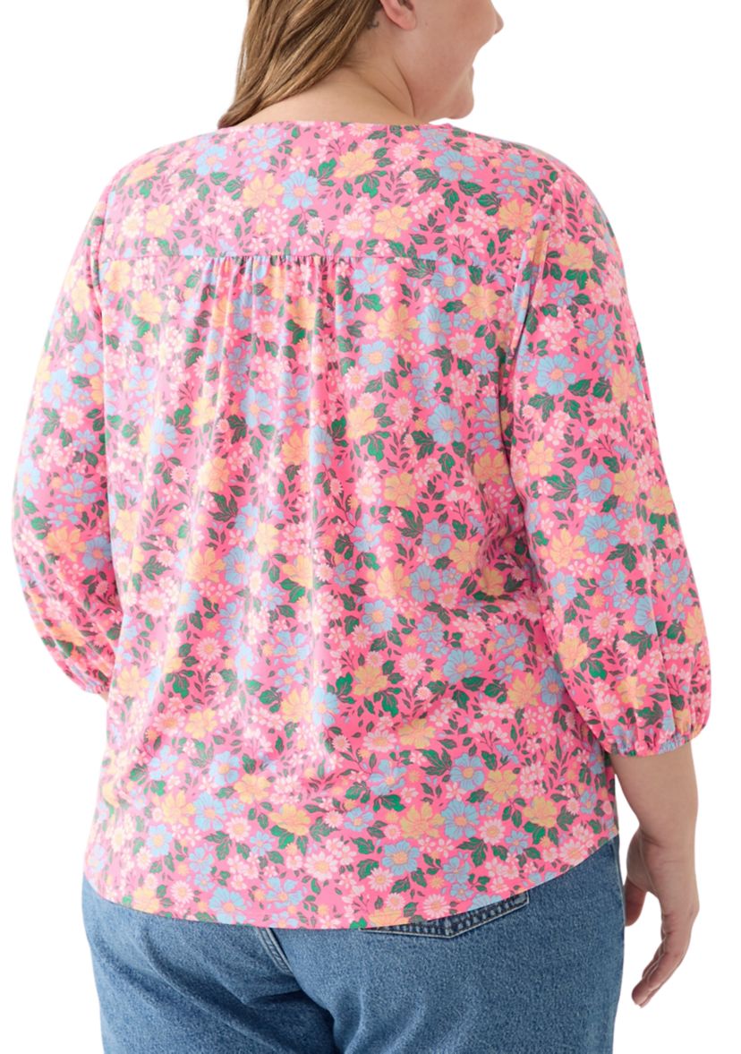 Plus Size Printed Pleated V-Neck Top