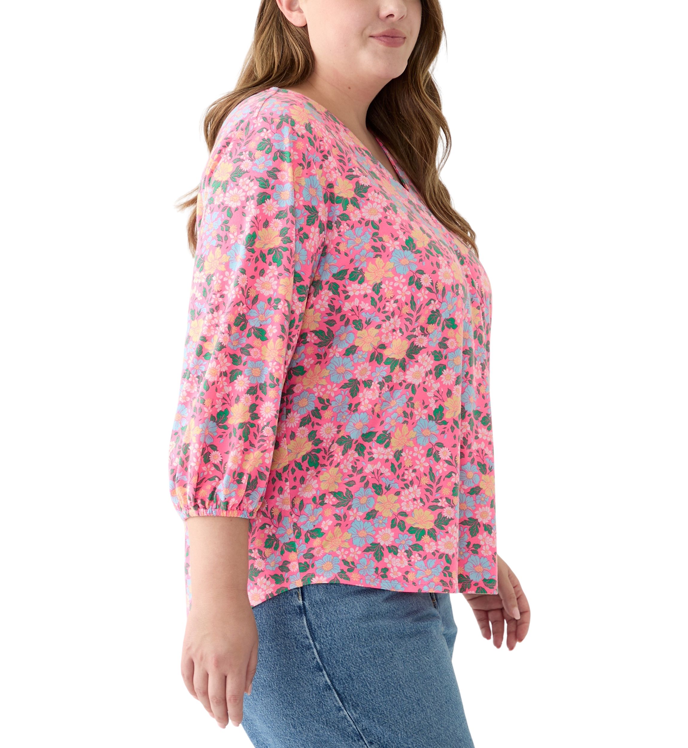 Plus Size Printed Pleated V-Neck Top