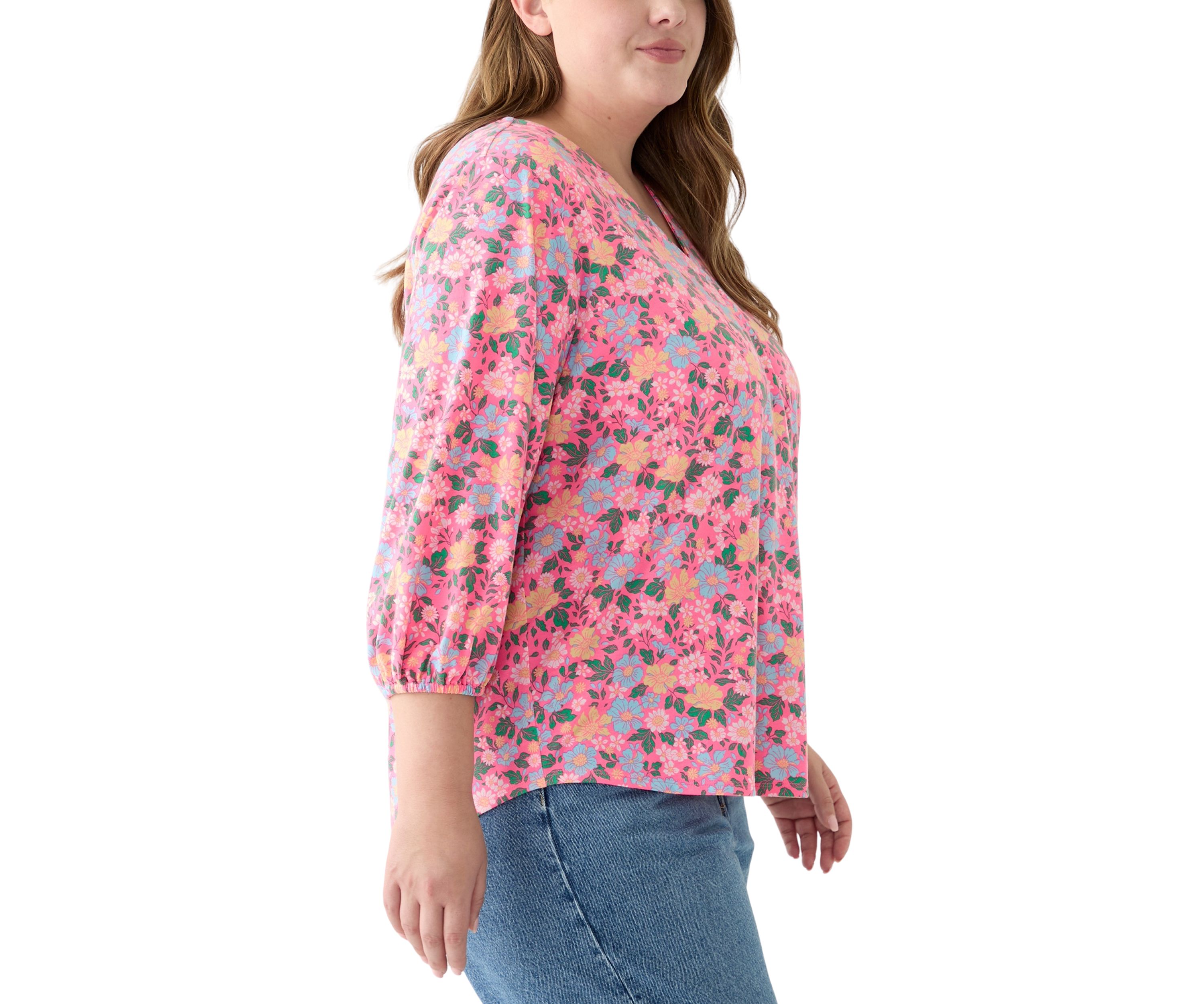 Plus Size Printed Pleated V-Neck Top