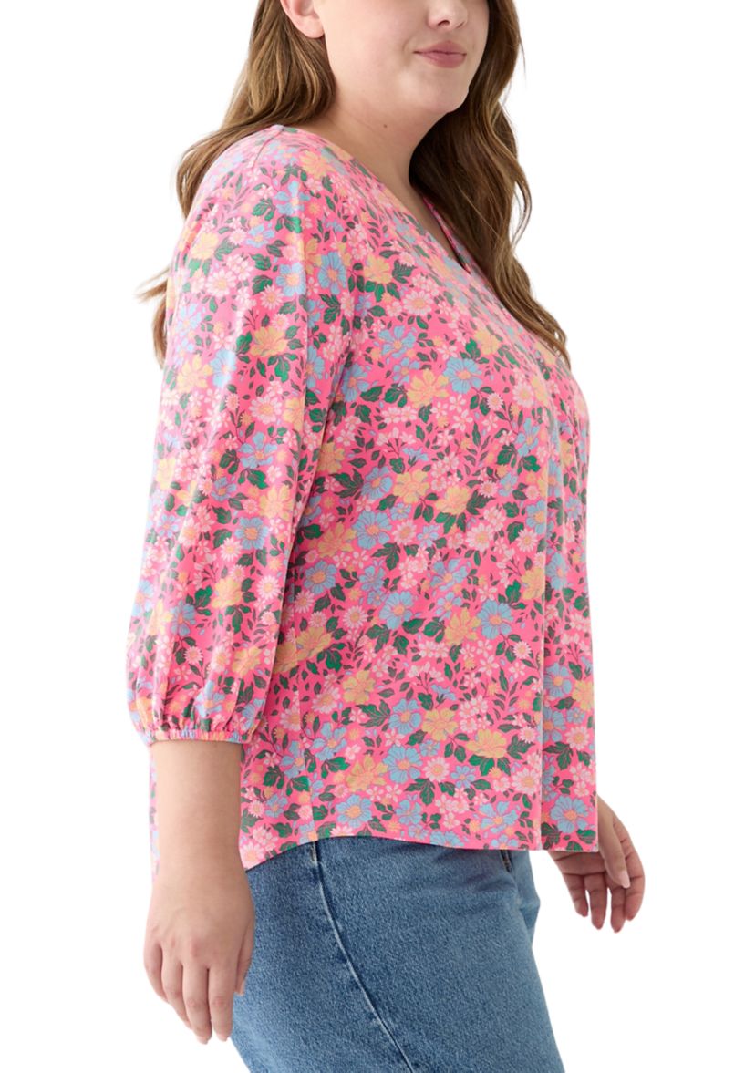 Plus Size Printed Pleated V-Neck Top