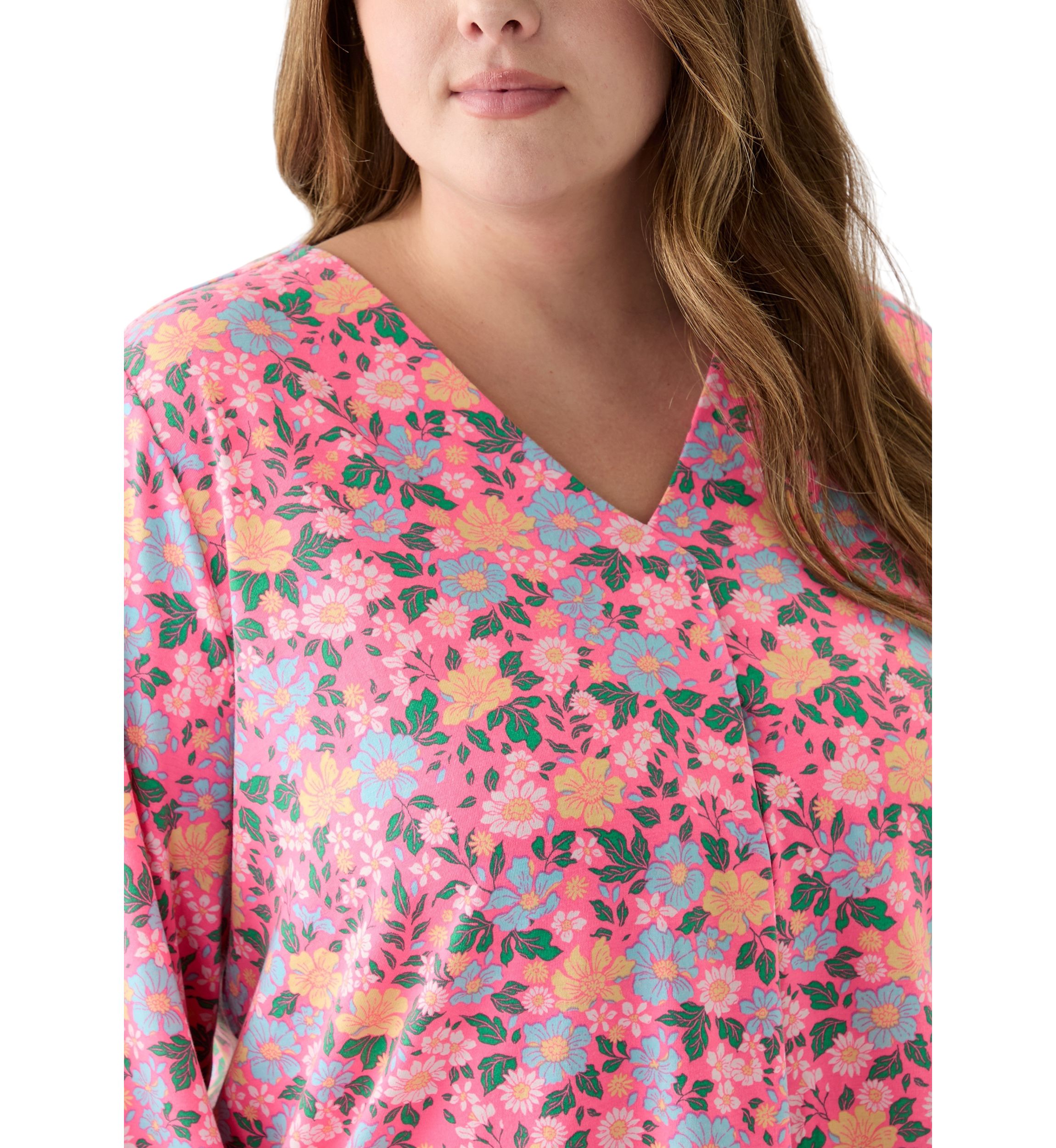 Plus Size Printed Pleated V-Neck Top