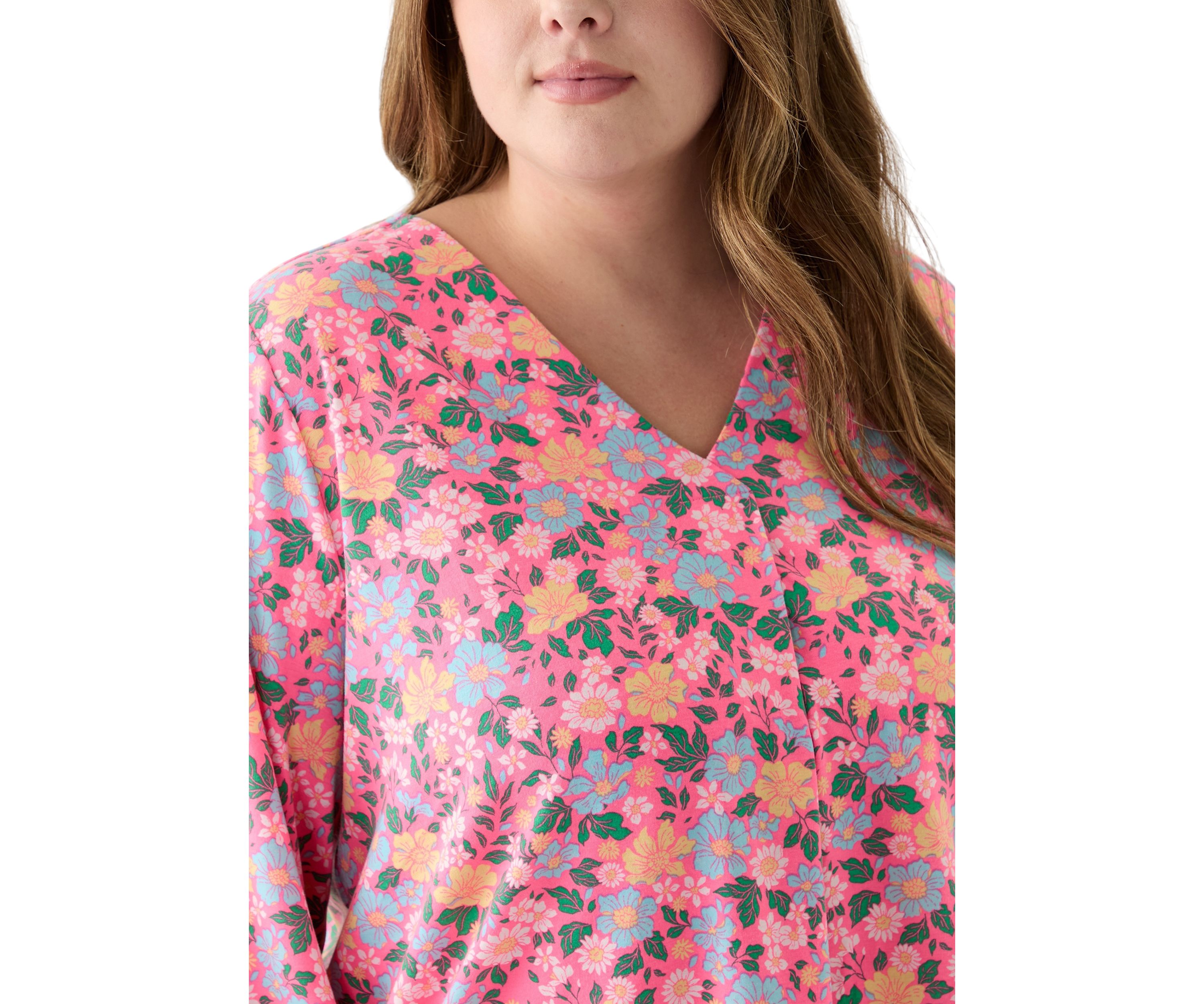 Plus Size Printed Pleated V-Neck Top