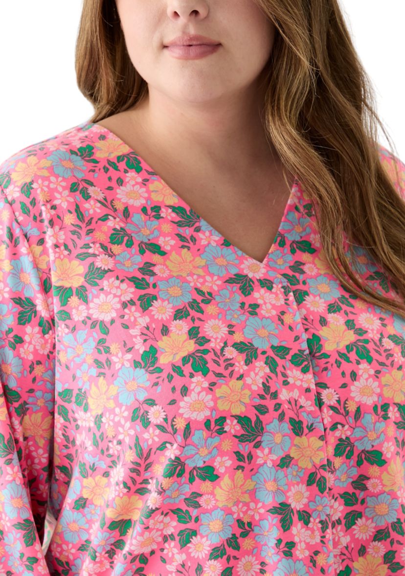 Plus Size Printed Pleated V-Neck Top