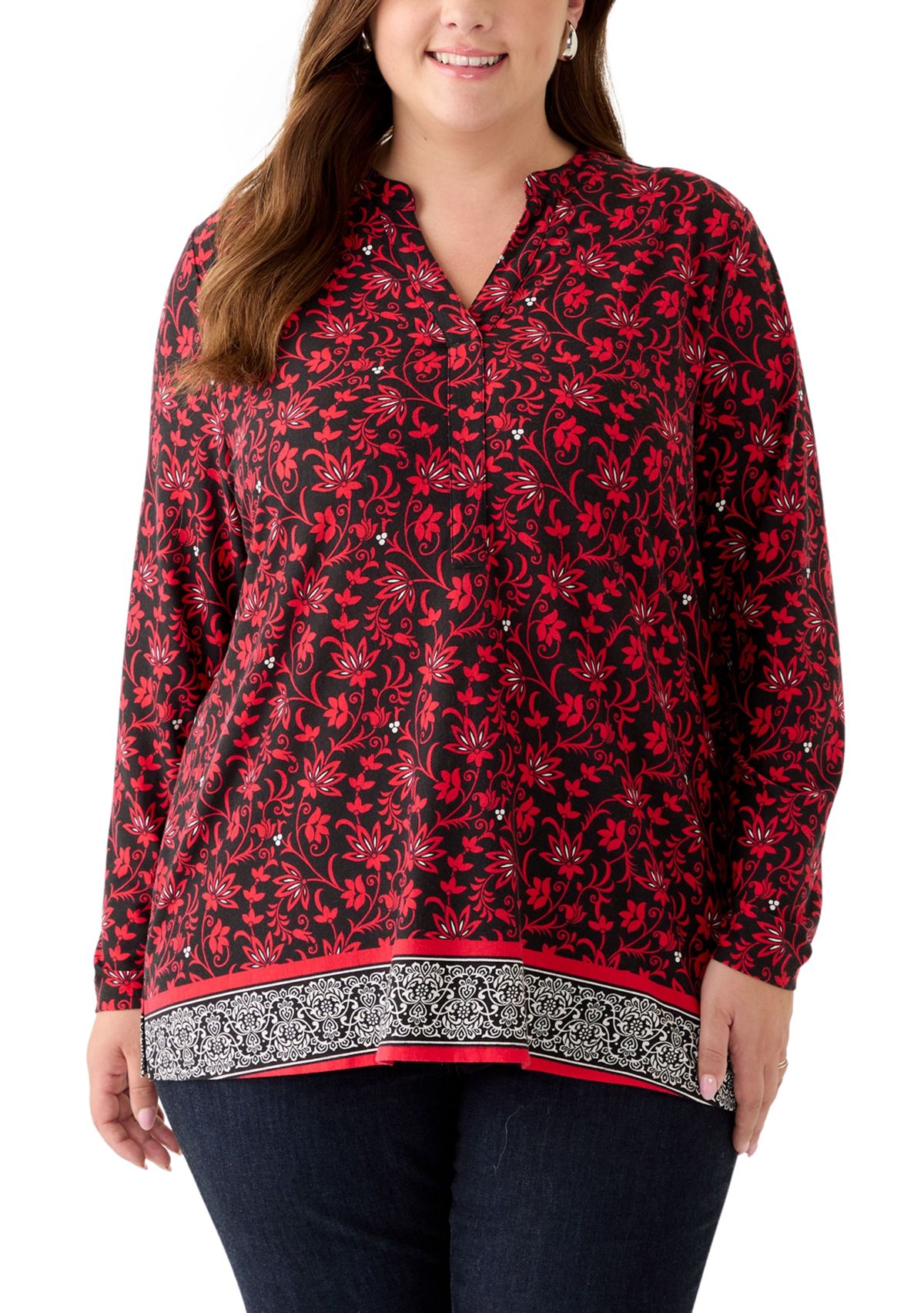 Plus Size Long Sleeve Trim Border Tunic 