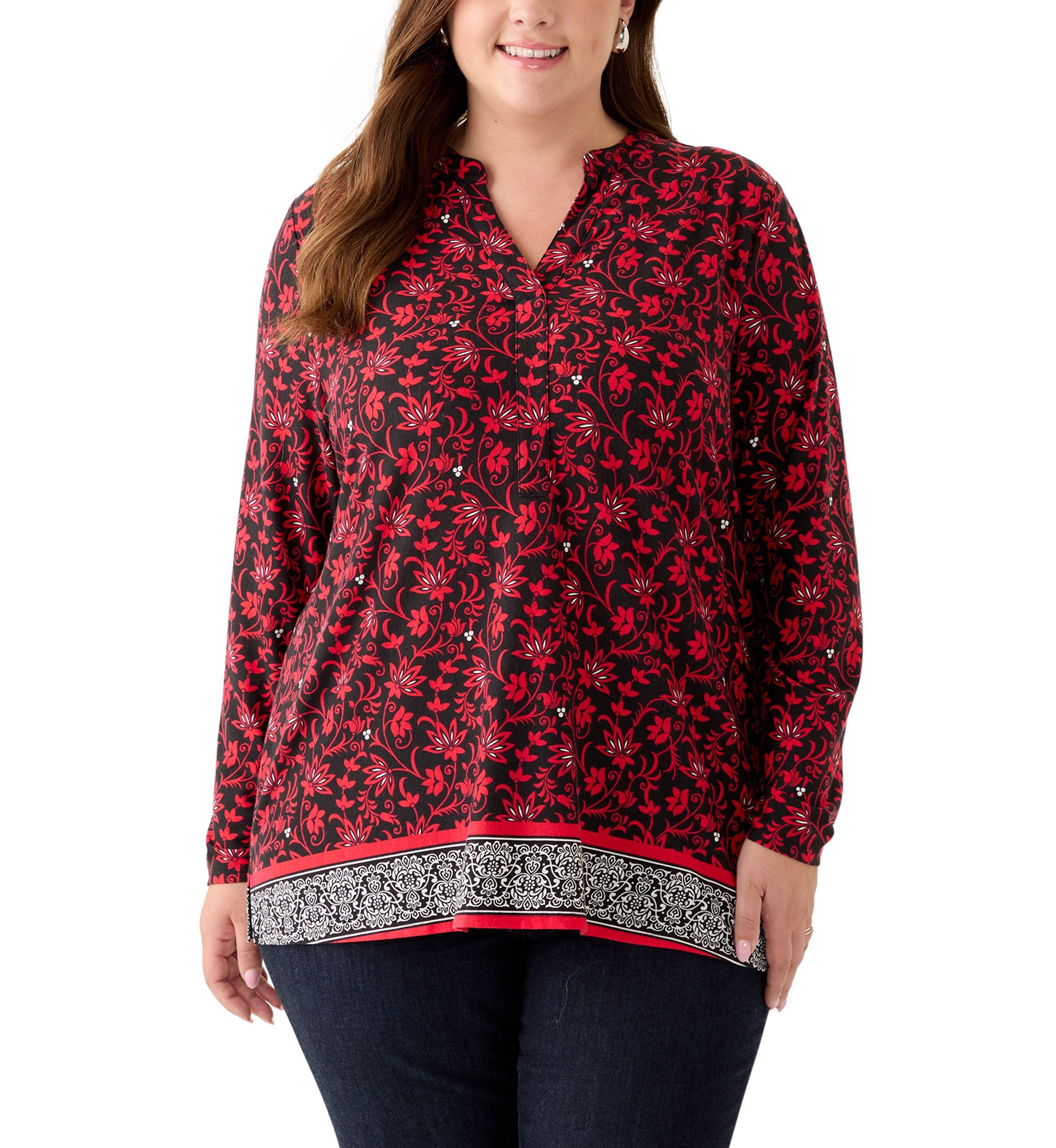 Plus Size Long Sleeve Trim Border Tunic 