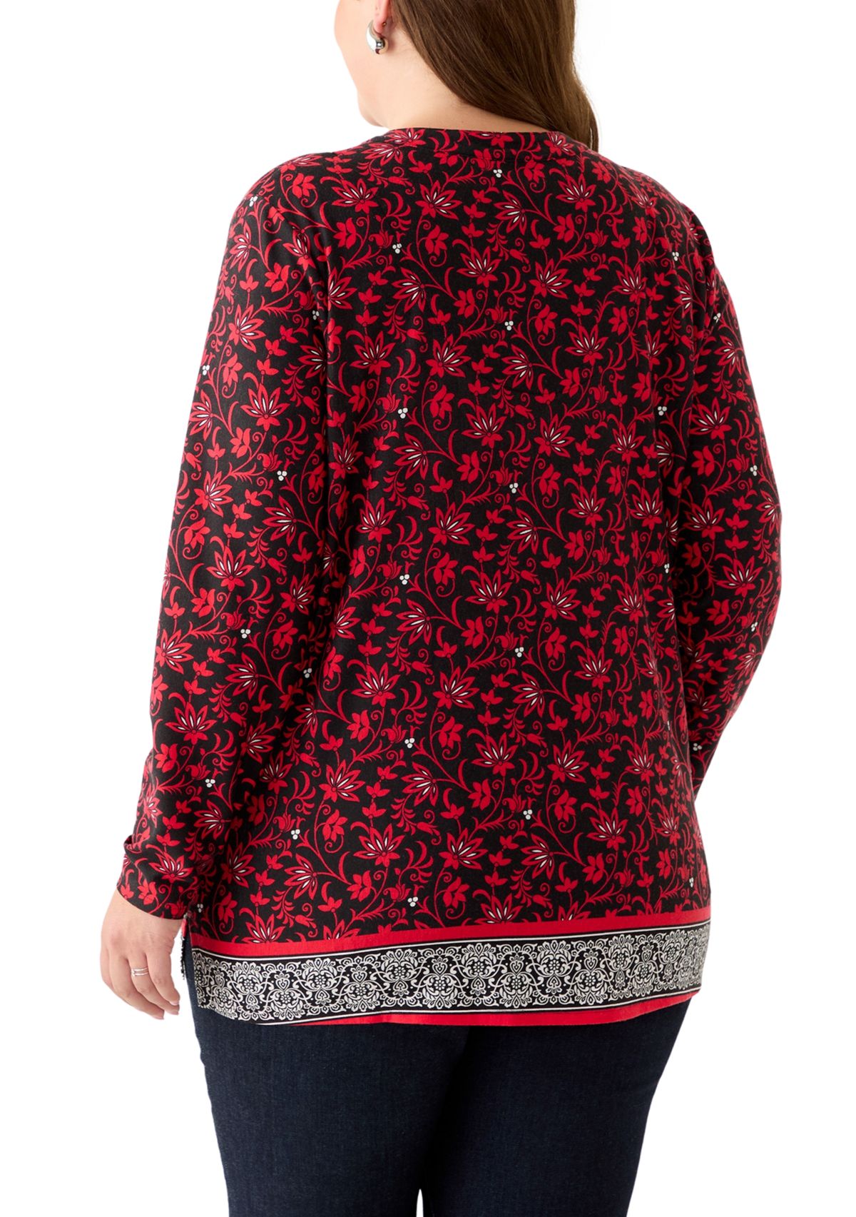 Plus Size Long Sleeve Trim Border Tunic 