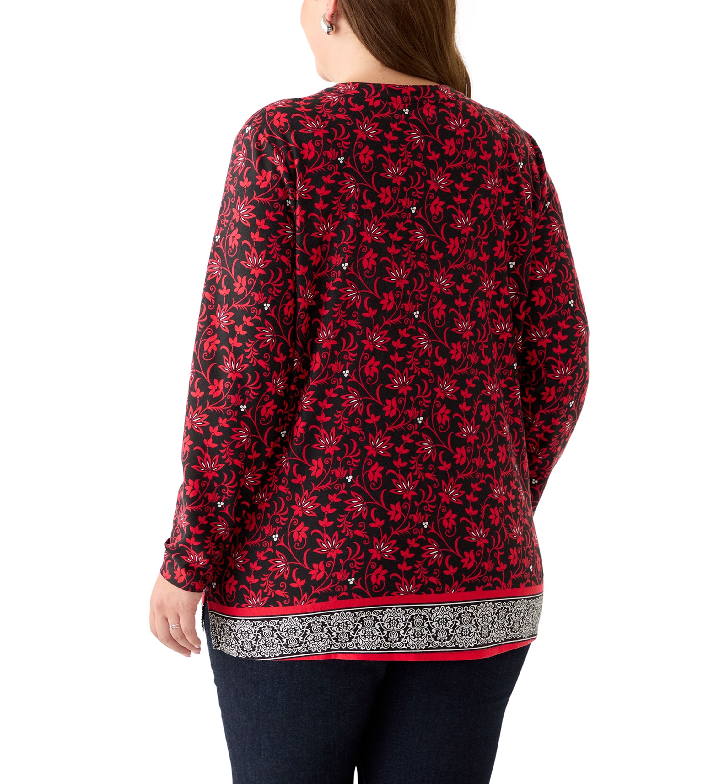Plus Size Long Sleeve Trim Border Tunic 