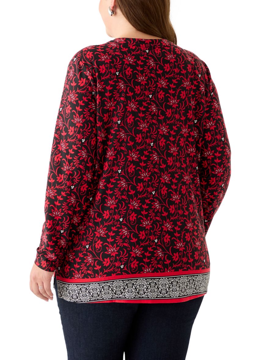 Plus Size Long Sleeve Trim Border Tunic 
