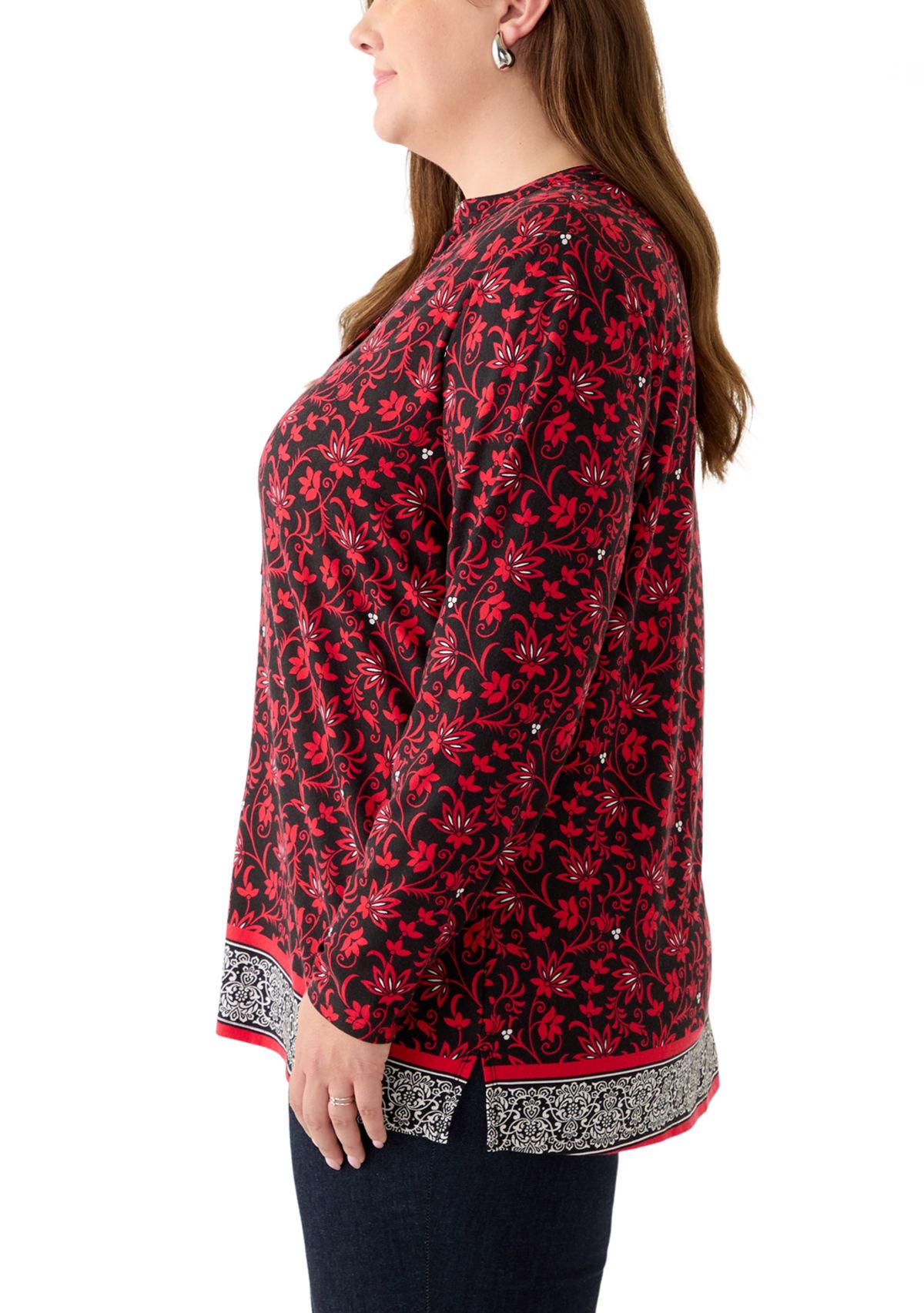 Plus Size Long Sleeve Trim Border Tunic 