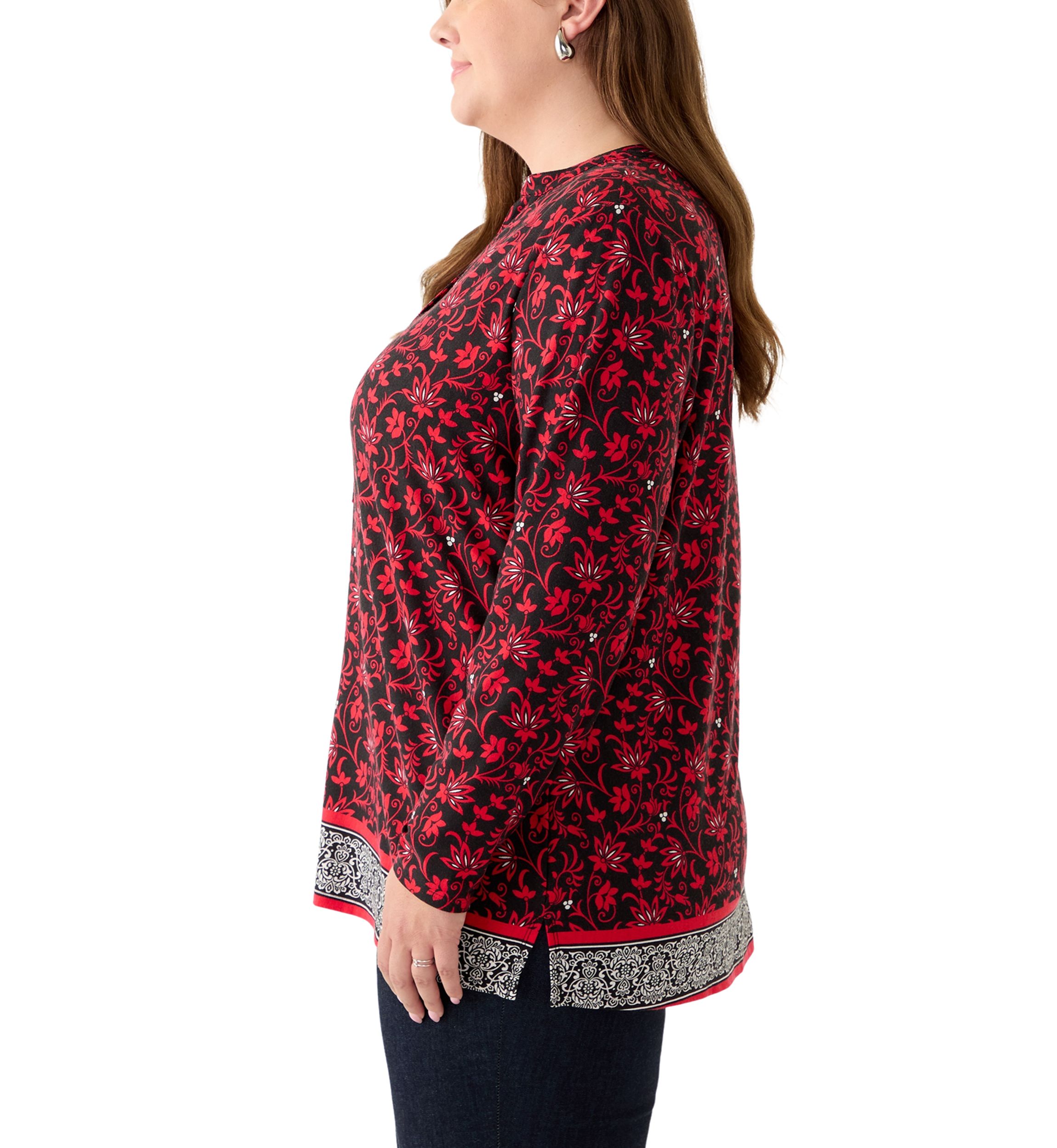 Plus Size Long Sleeve Trim Border Tunic 