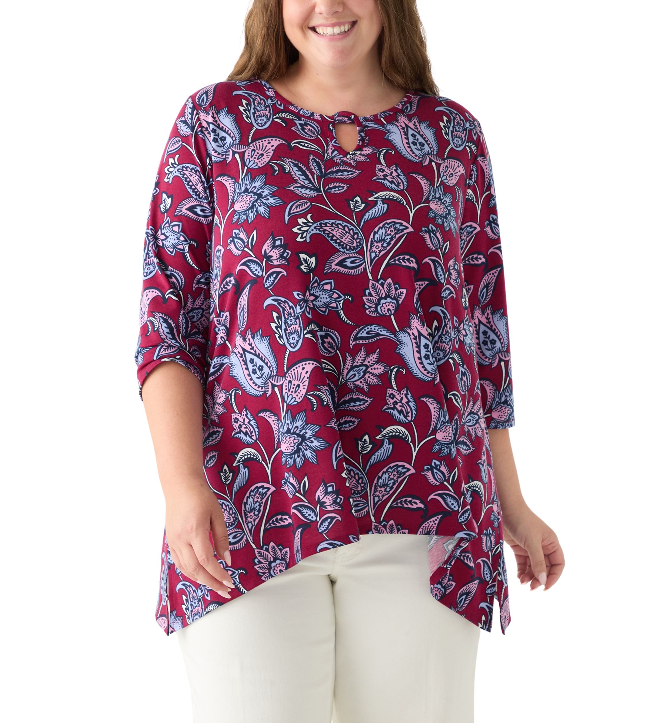 Plus Size 3/4 Sleeve Keyhole Neck Floral Sharkbite Tunic