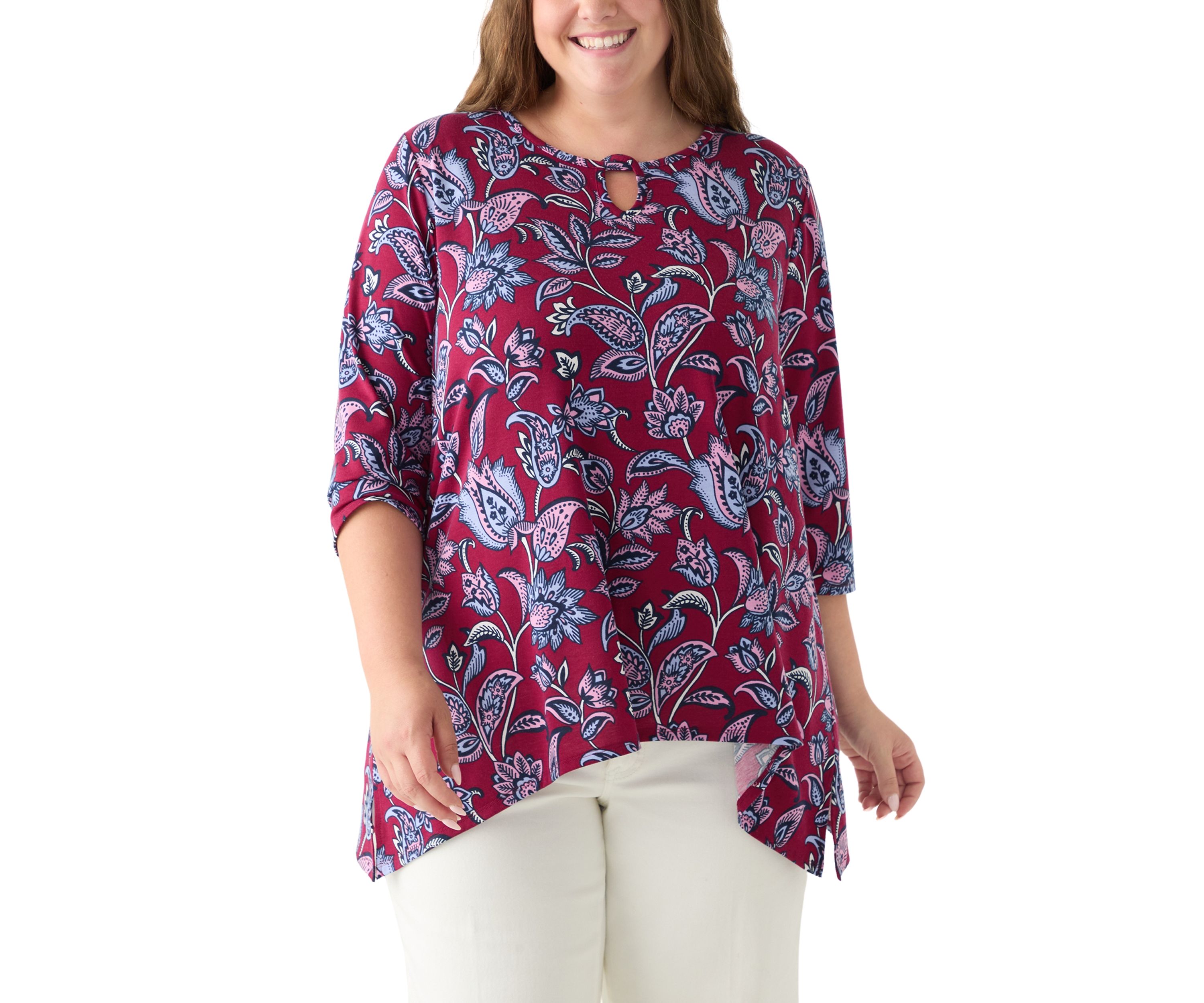 Plus Size 3/4 Sleeve Keyhole Neck Floral Sharkbite Tunic