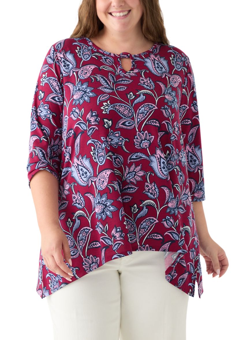 Plus Size 3/4 Sleeve Keyhole Neck Floral Sharkbite Tunic