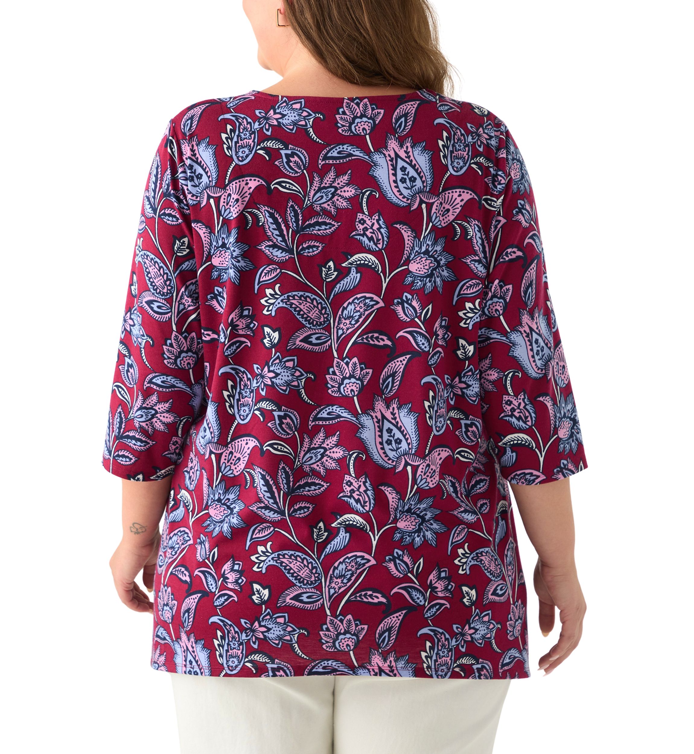 Plus Size 3/4 Sleeve Keyhole Neck Floral Sharkbite Tunic