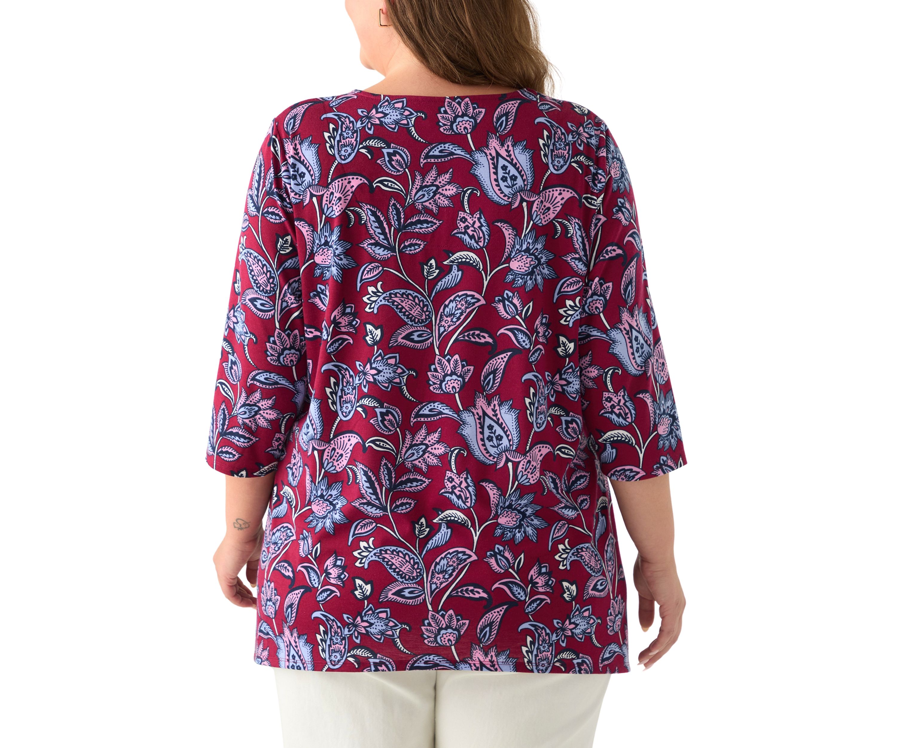 Plus Size 3/4 Sleeve Keyhole Neck Floral Sharkbite Tunic