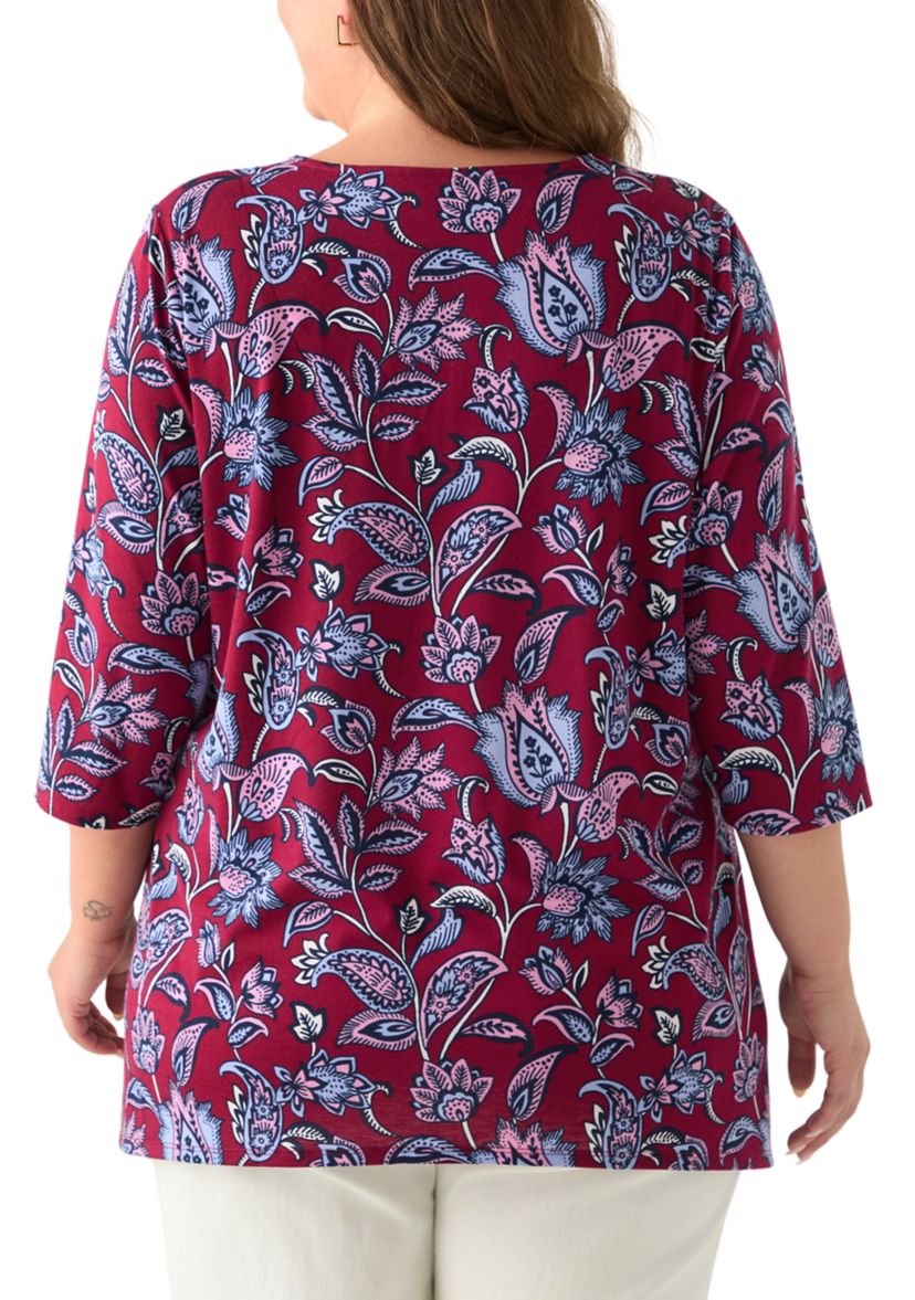 Plus Size 3/4 Sleeve Keyhole Neck Floral Sharkbite Tunic