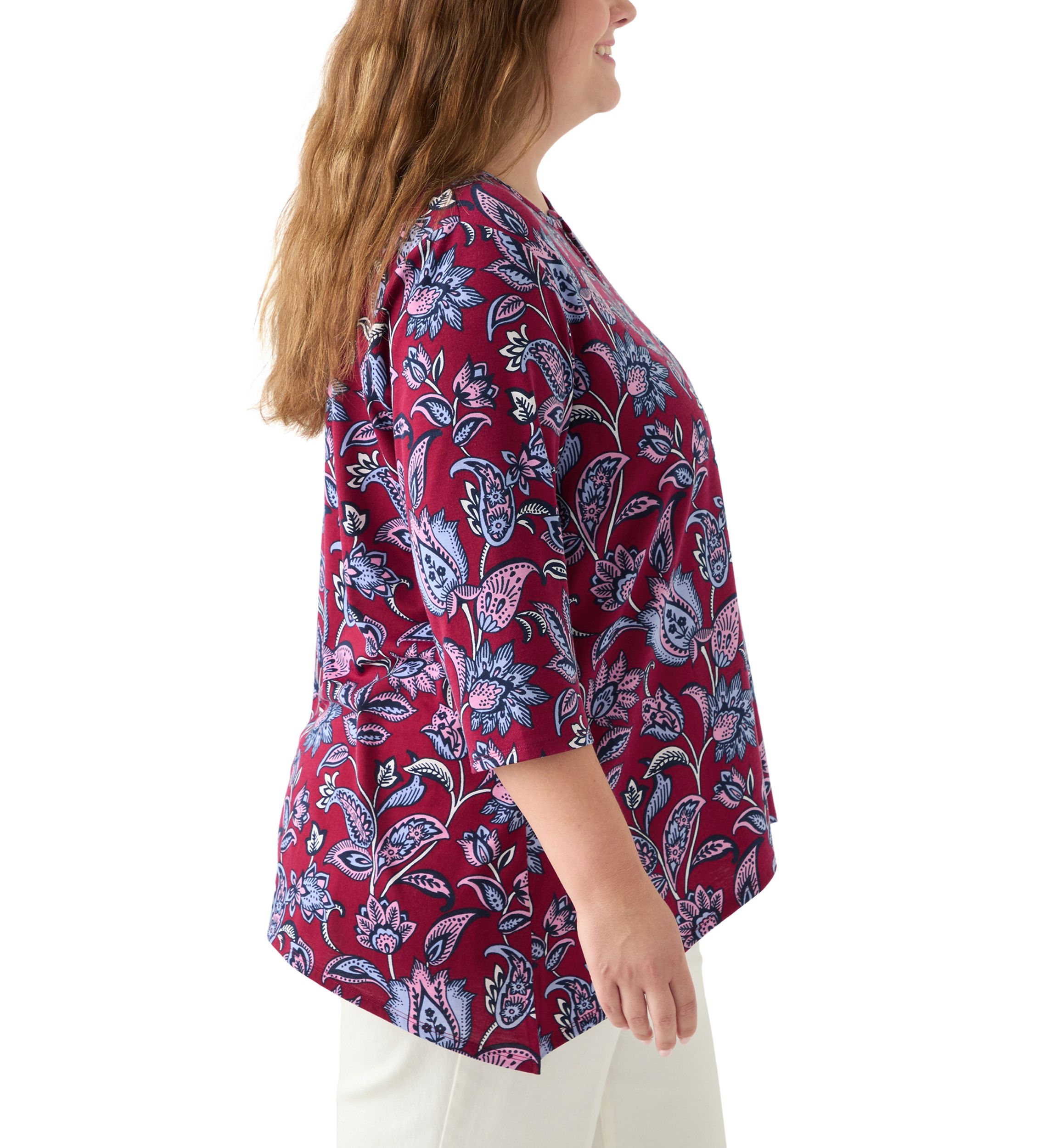 Plus Size 3/4 Sleeve Keyhole Neck Floral Sharkbite Tunic
