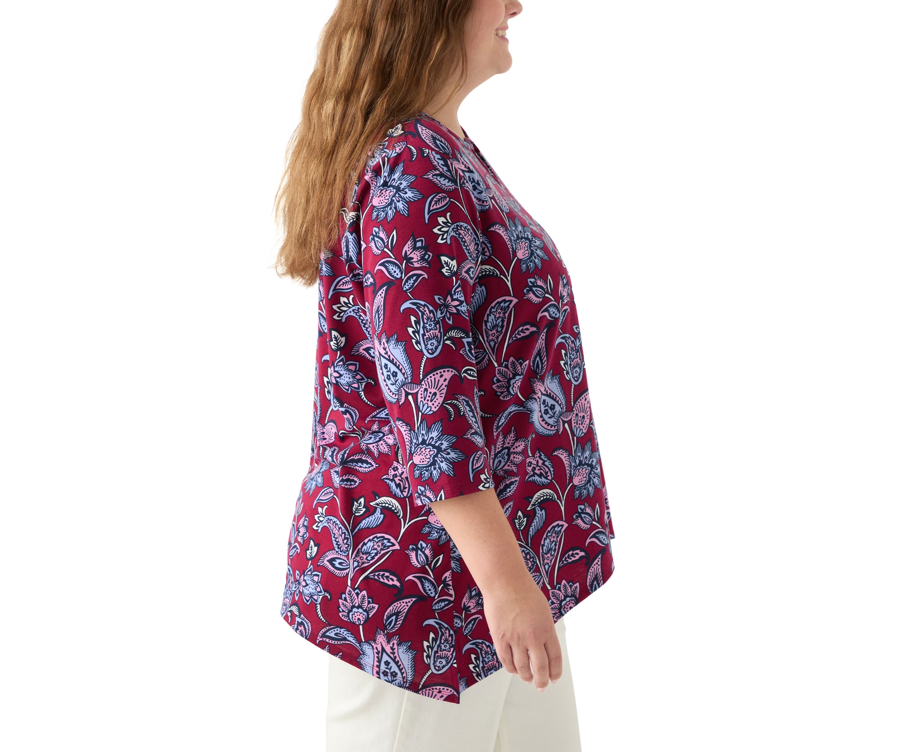 Plus Size 3/4 Sleeve Keyhole Neck Floral Sharkbite Tunic