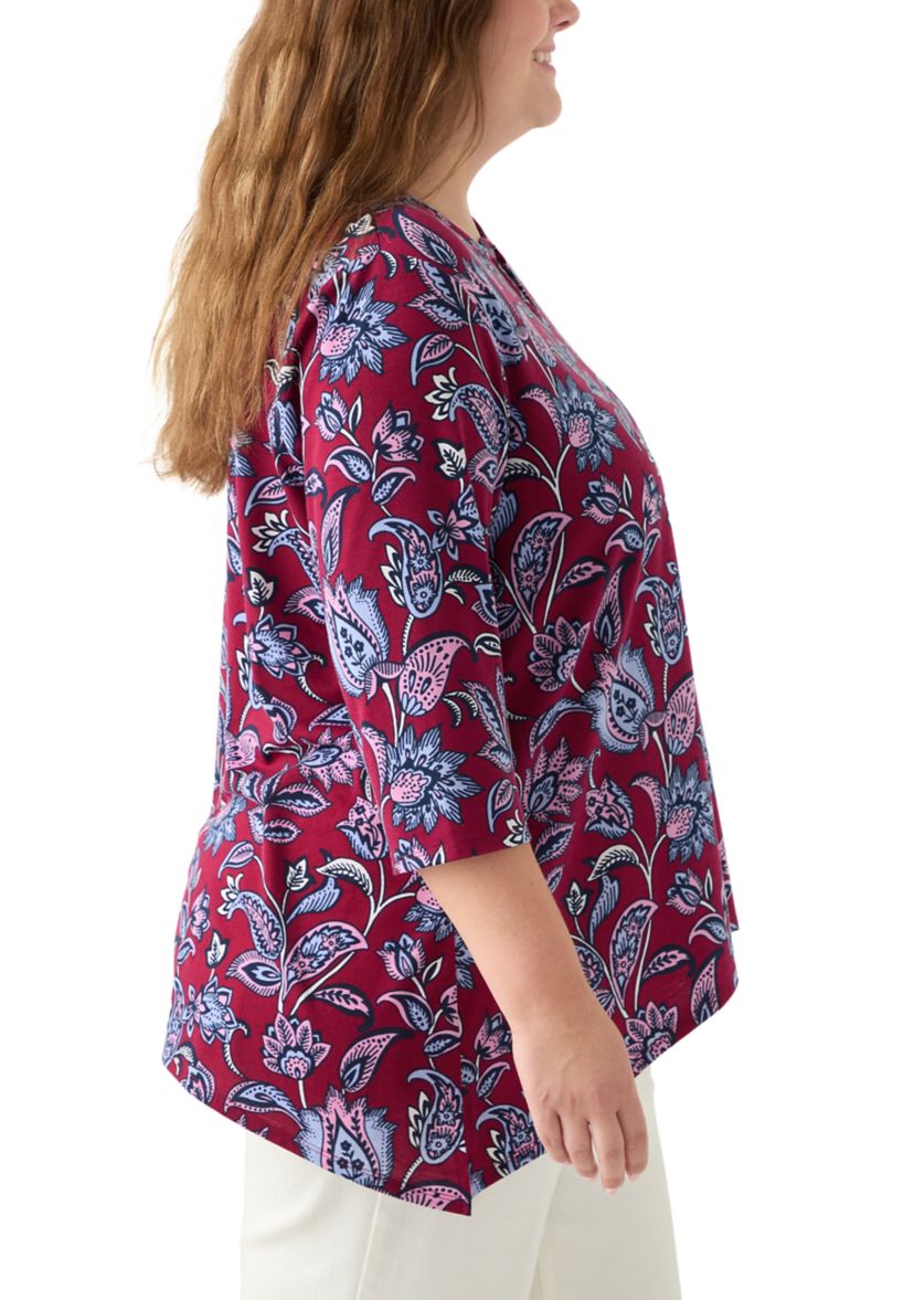 Plus Size 3/4 Sleeve Keyhole Neck Floral Sharkbite Tunic
