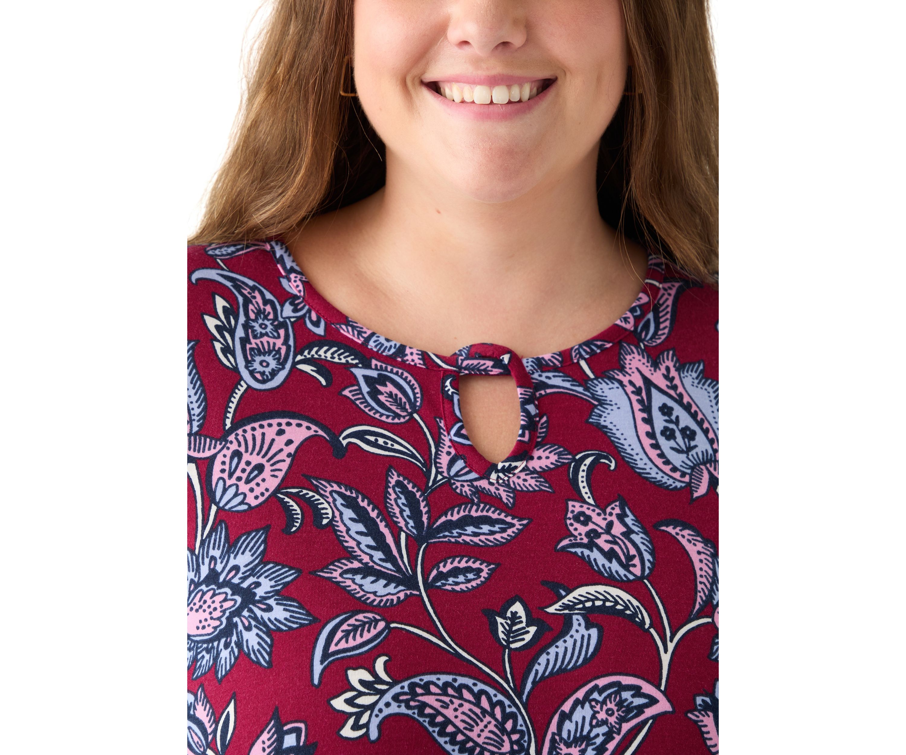 Plus Size 3/4 Sleeve Keyhole Neck Floral Sharkbite Tunic