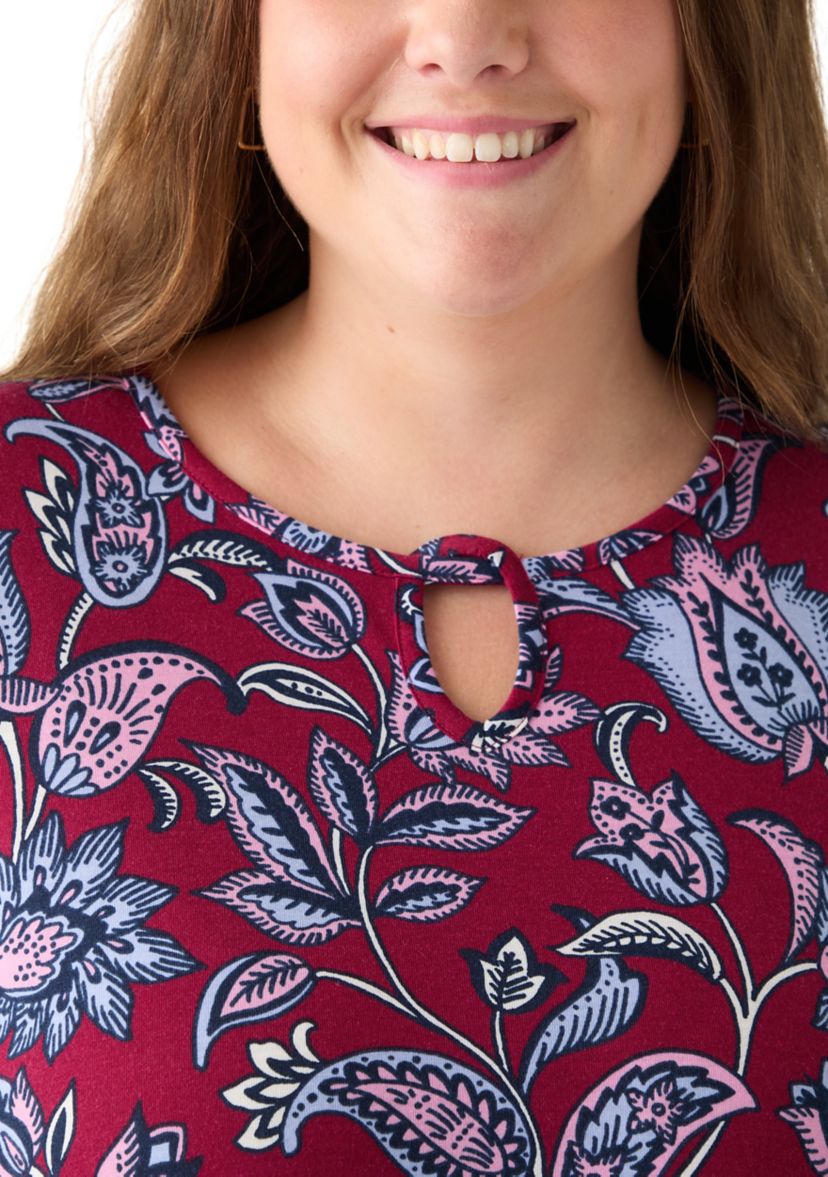 Plus Size 3/4 Sleeve Keyhole Neck Floral Sharkbite Tunic