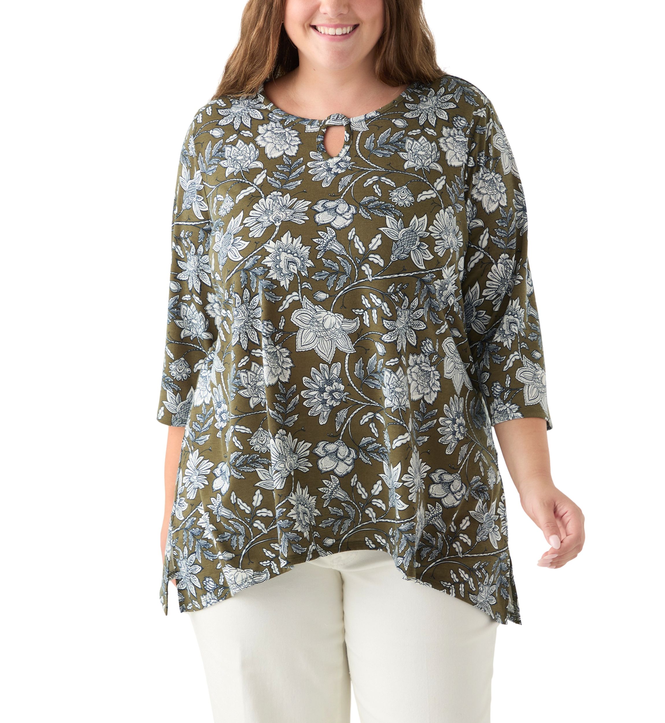 Plus Size 3/4 Sleeve Keyhole Neck Floral Sharkbite Tunic 
