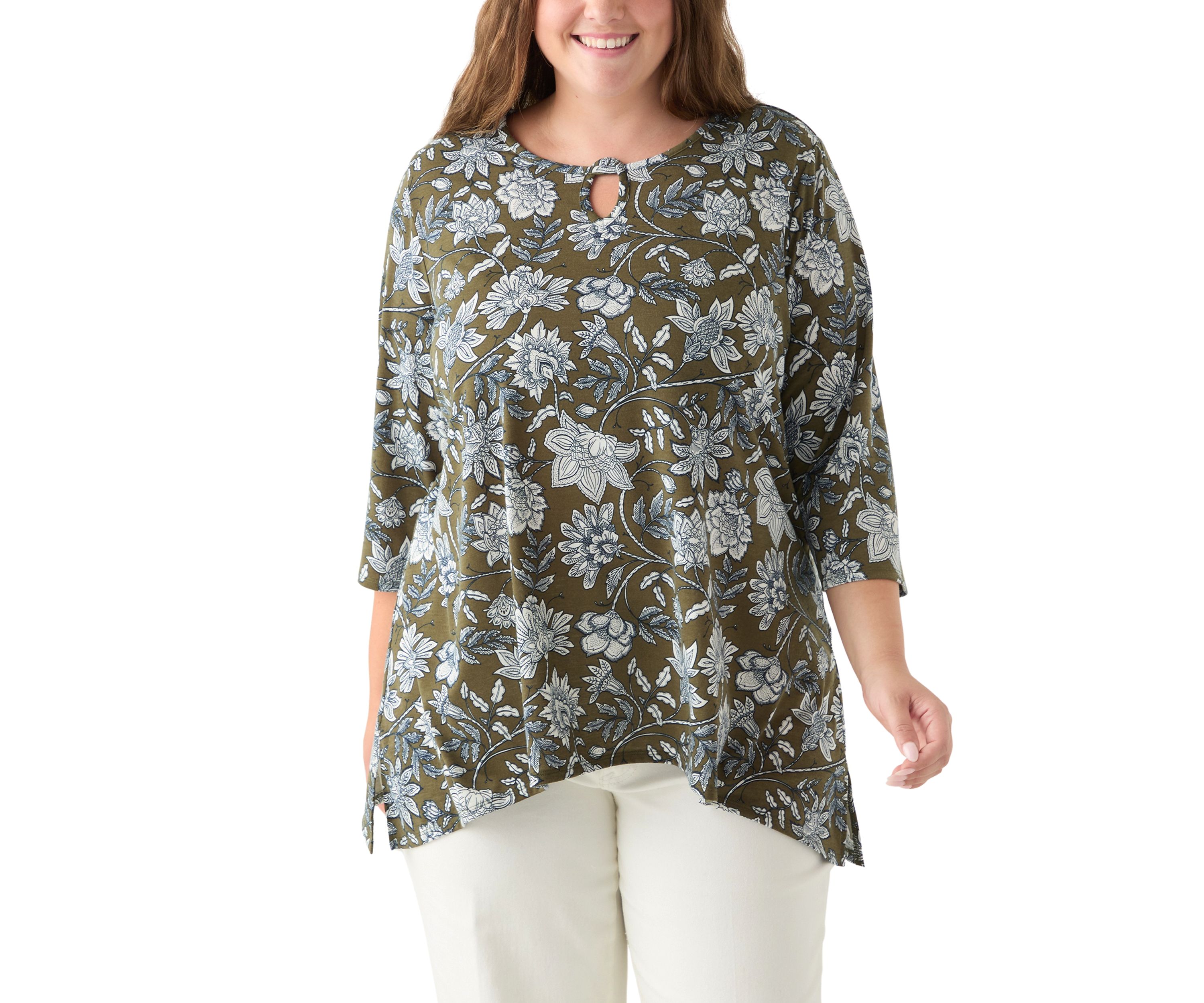 Plus Size 3/4 Sleeve Keyhole Neck Floral Sharkbite Tunic 