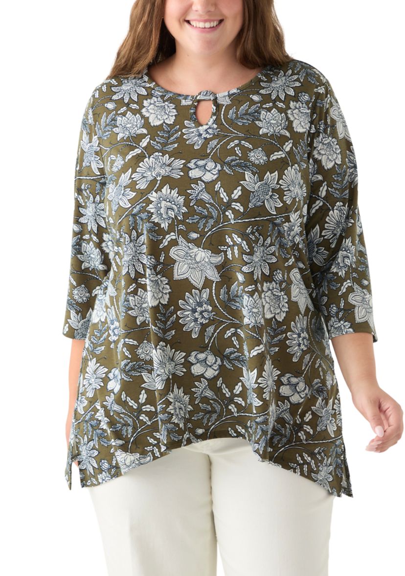 Plus Size 3/4 Sleeve Keyhole Neck Floral Sharkbite Tunic 