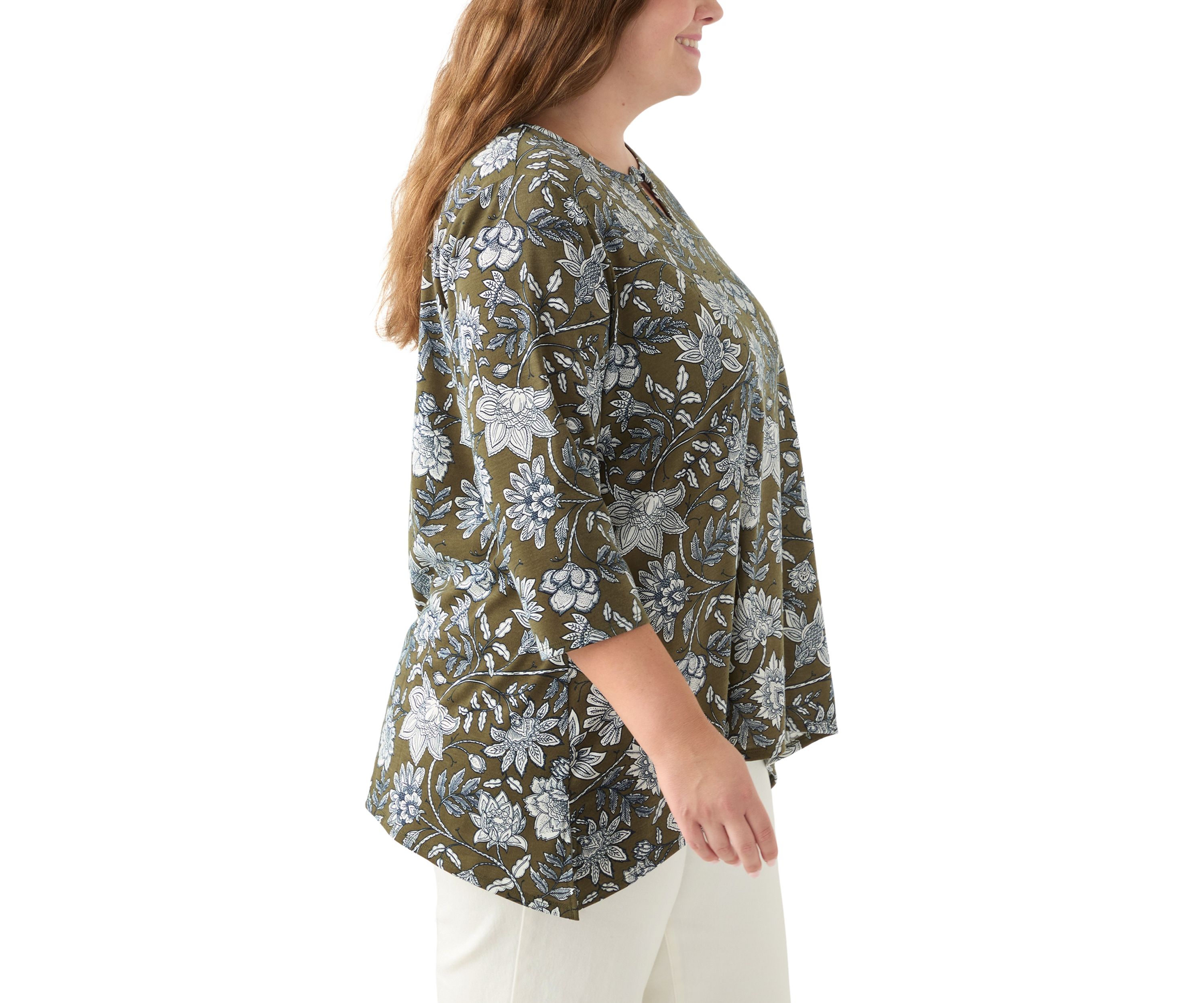 Plus Size 3/4 Sleeve Keyhole Neck Floral Sharkbite Tunic 