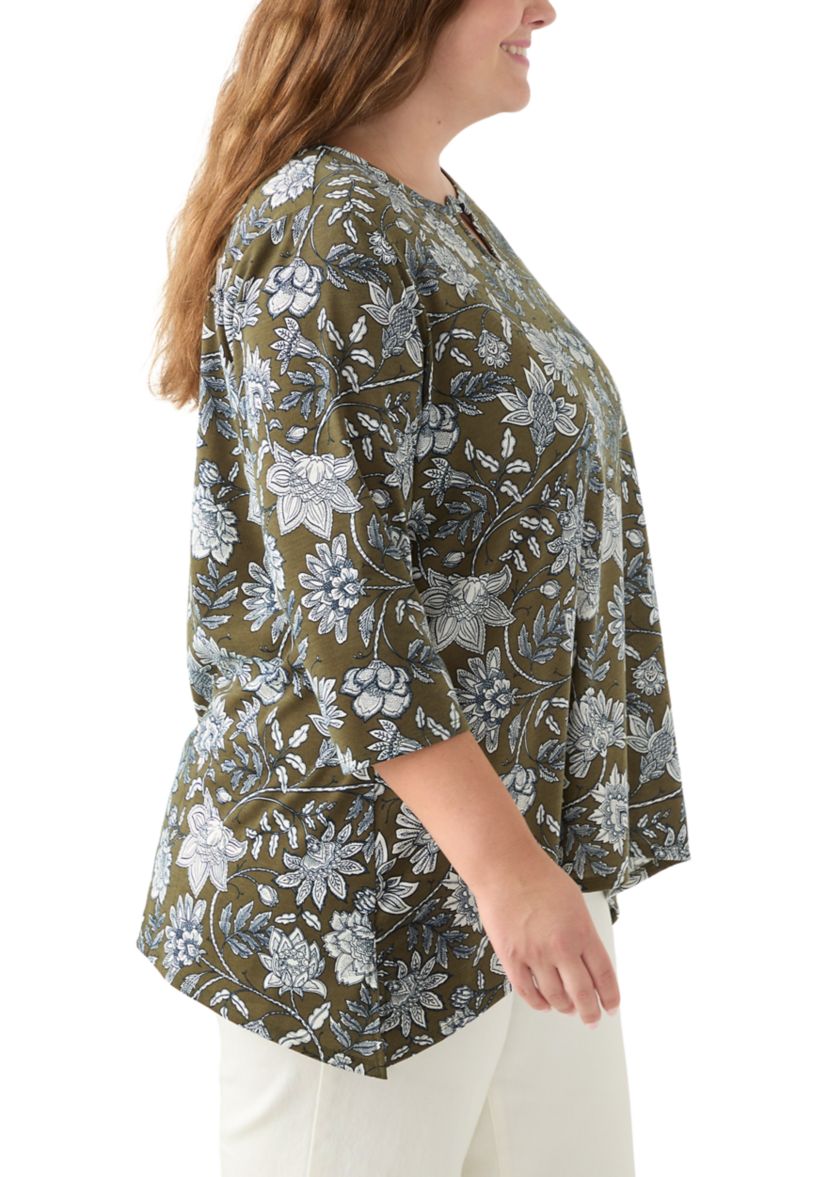 Plus Size 3/4 Sleeve Keyhole Neck Floral Sharkbite Tunic 