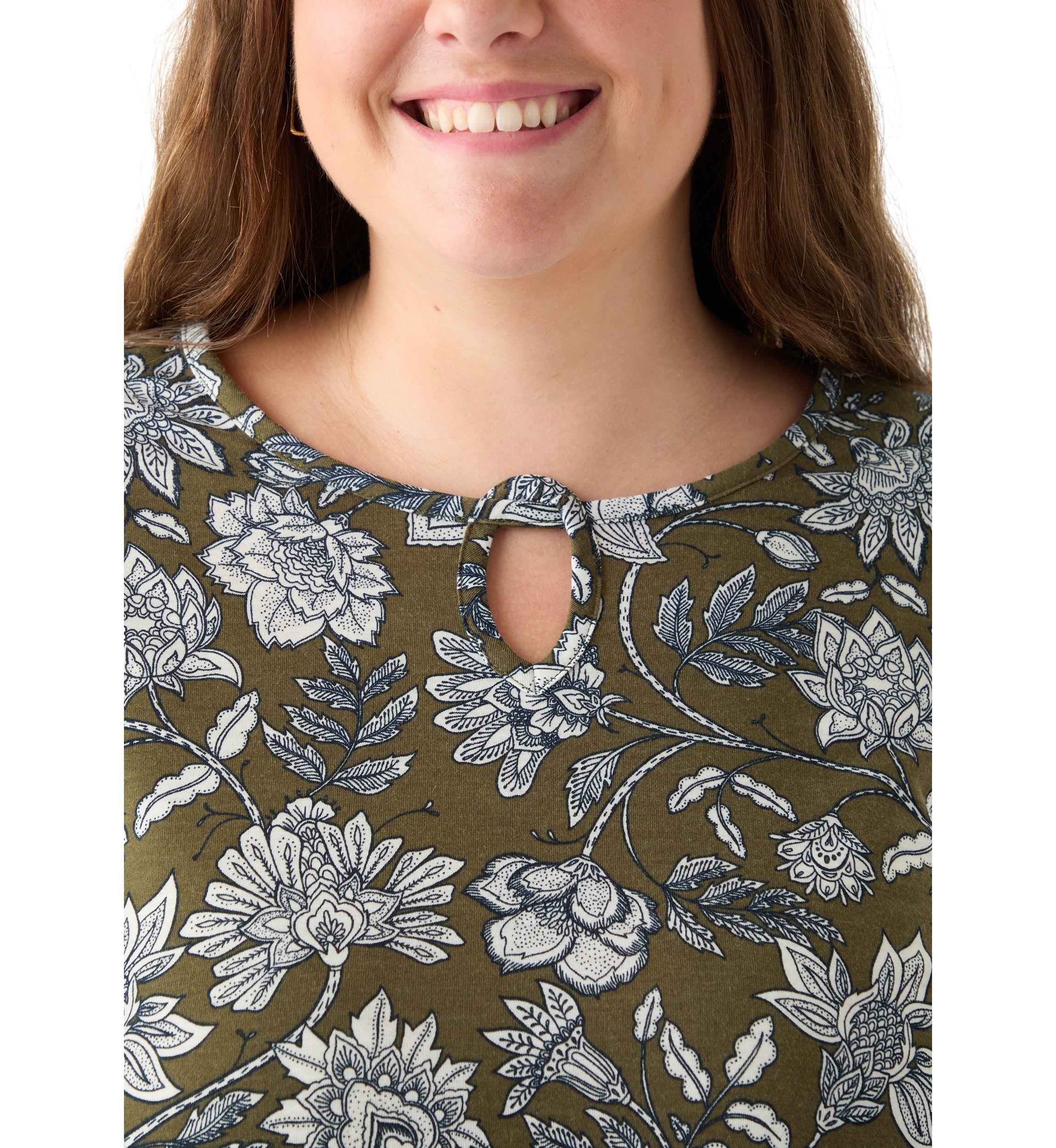 Plus Size 3/4 Sleeve Keyhole Neck Floral Sharkbite Tunic 