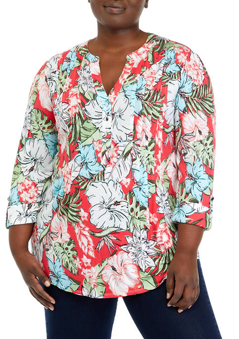 Kim Rogers® Plus Size Henley Aloha Floral Top