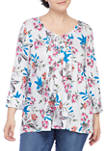 Plus Size 3/4 Sleeve Honeycomb Knit Floral Top 