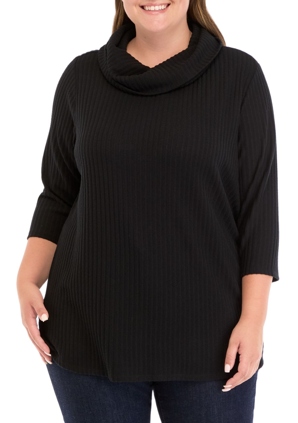 Plus Size Ribbed Knit Hacci Cowl Neck Sweater