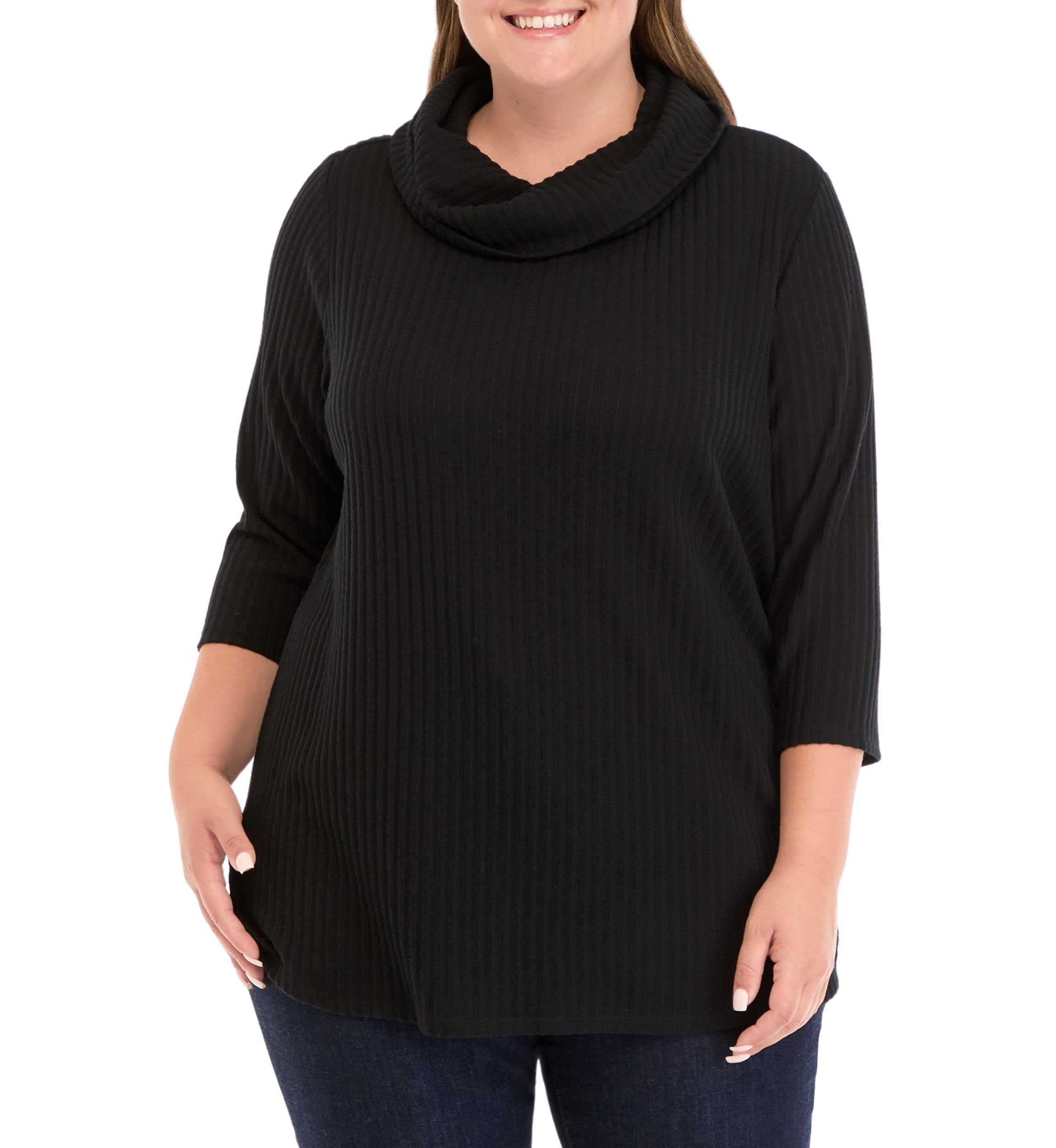 Plus Size Ribbed Knit Hacci Cowl Neck Sweater