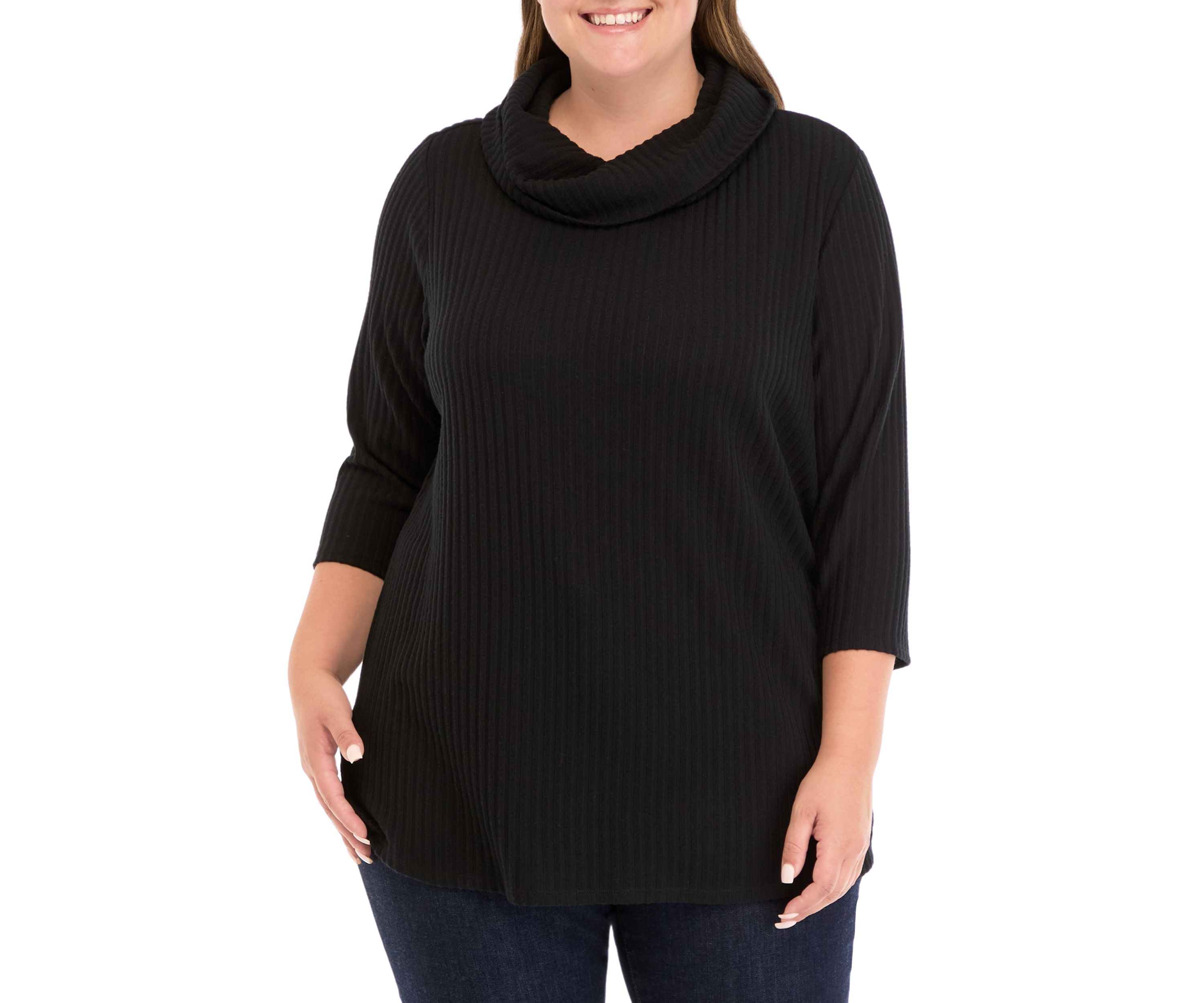 Plus Size Ribbed Knit Hacci Cowl Neck Sweater