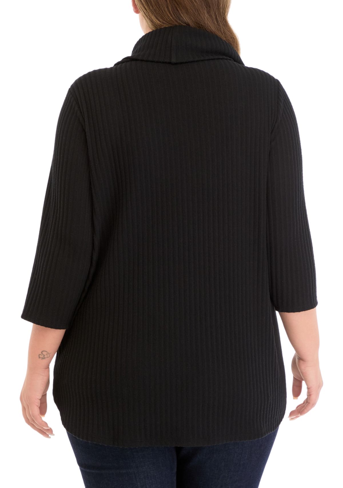 Plus Size Ribbed Knit Hacci Cowl Neck Sweater