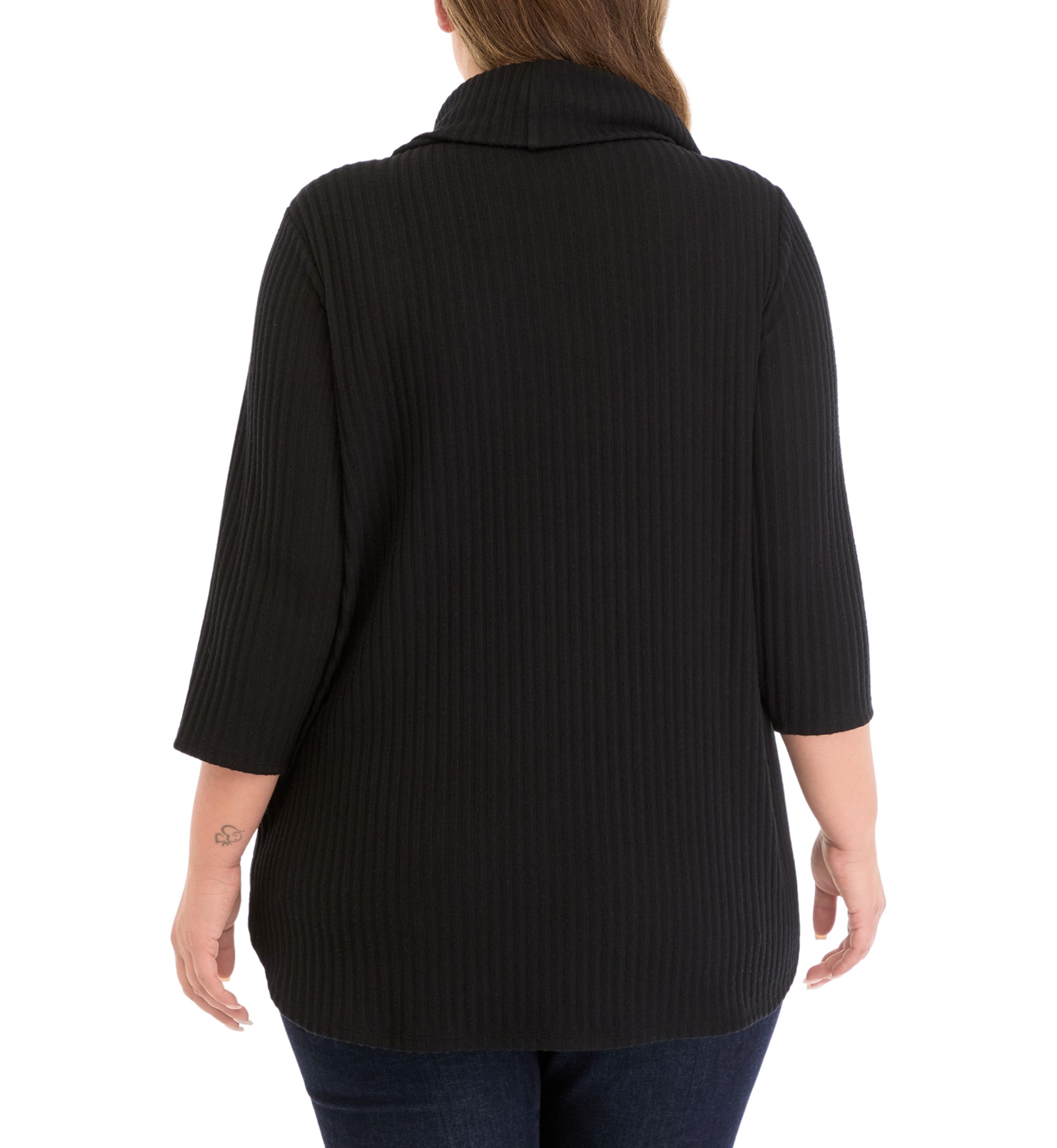 Plus Size Ribbed Knit Hacci Cowl Neck Sweater
