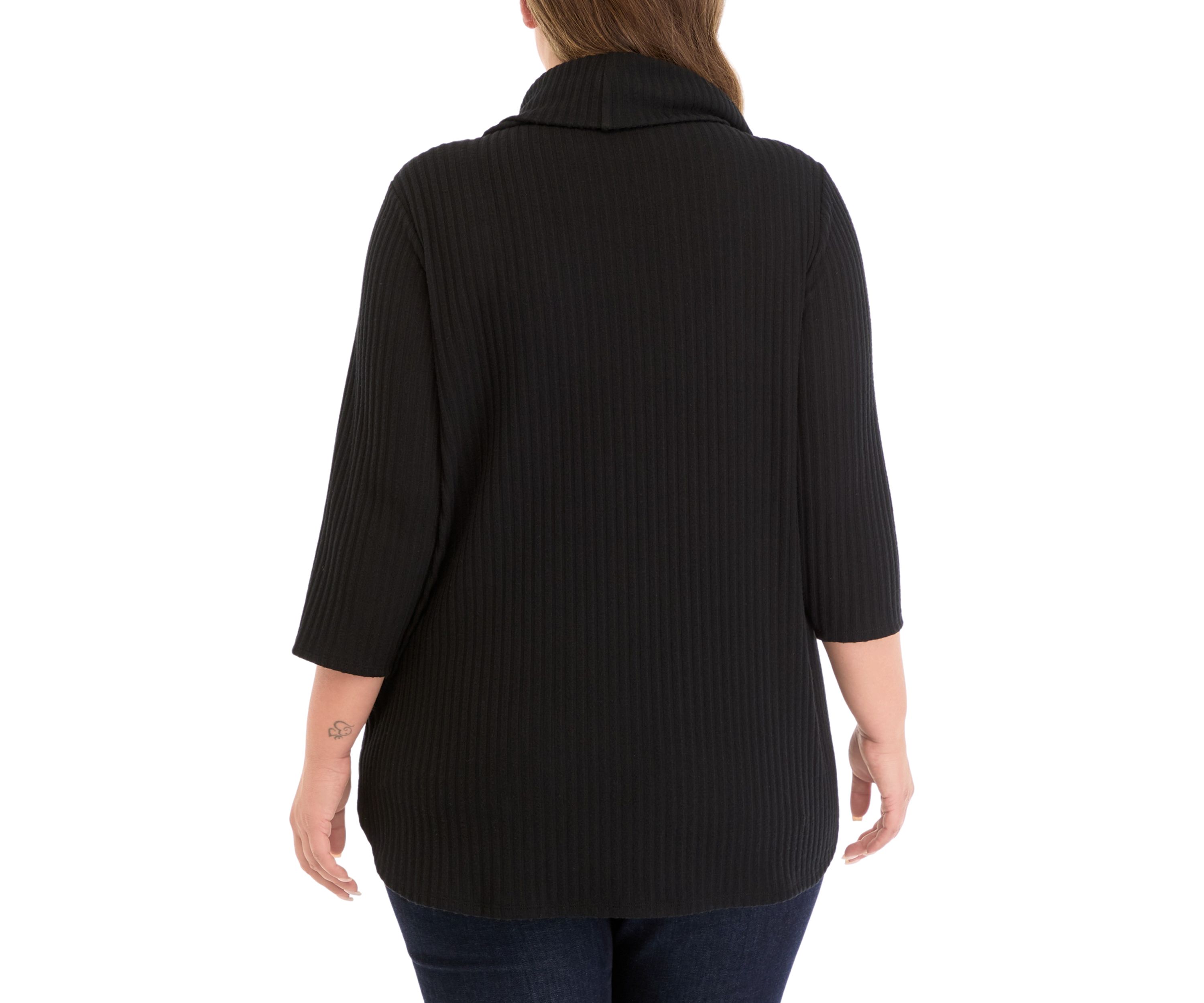 Plus Size Ribbed Knit Hacci Cowl Neck Sweater