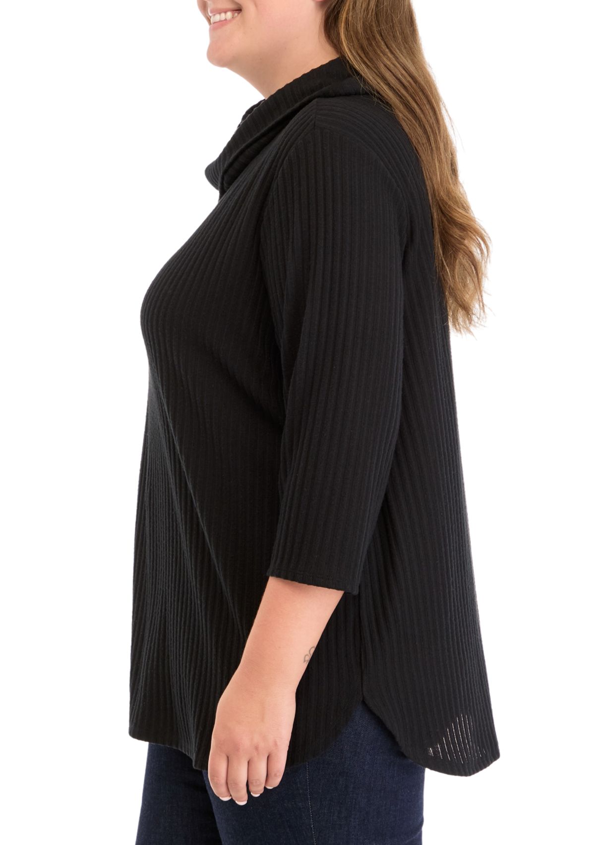 Plus Size Ribbed Knit Hacci Cowl Neck Sweater