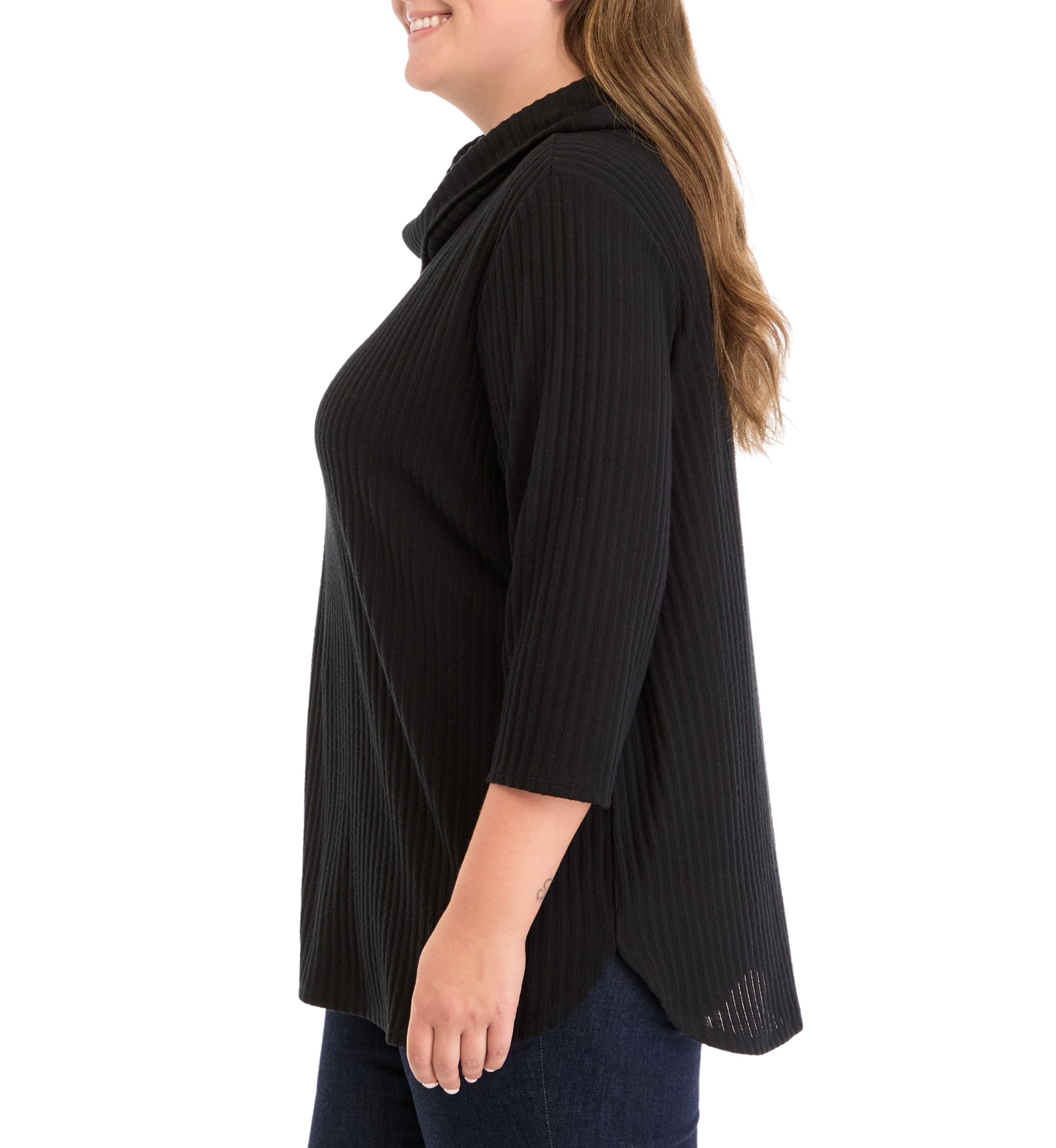 Plus Size Ribbed Knit Hacci Cowl Neck Sweater