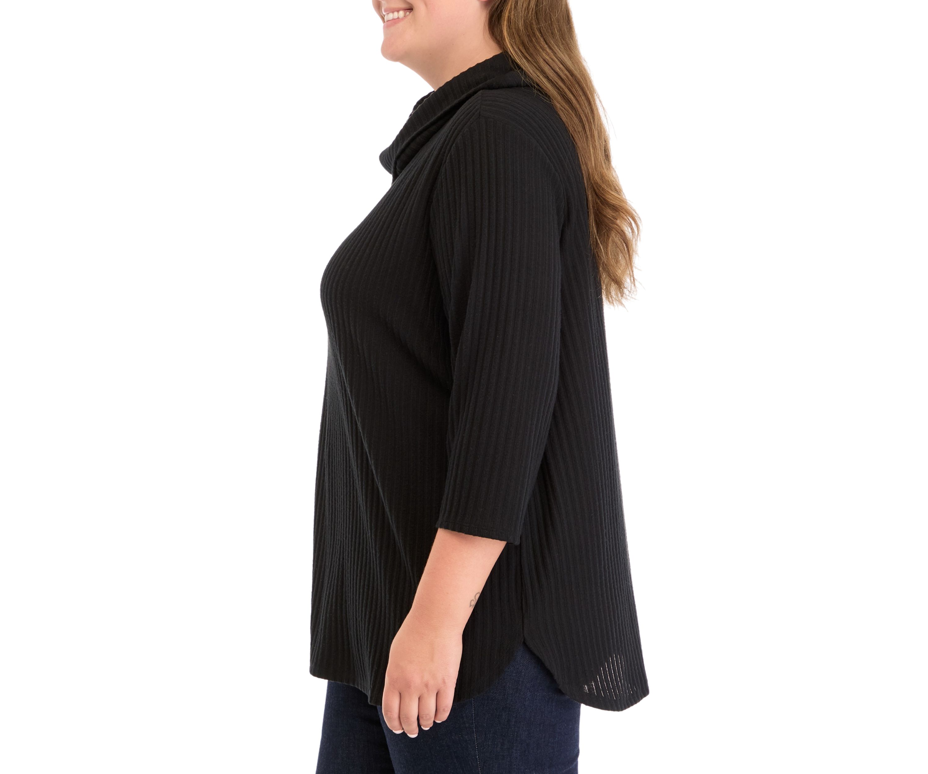 Plus Size Ribbed Knit Hacci Cowl Neck Sweater