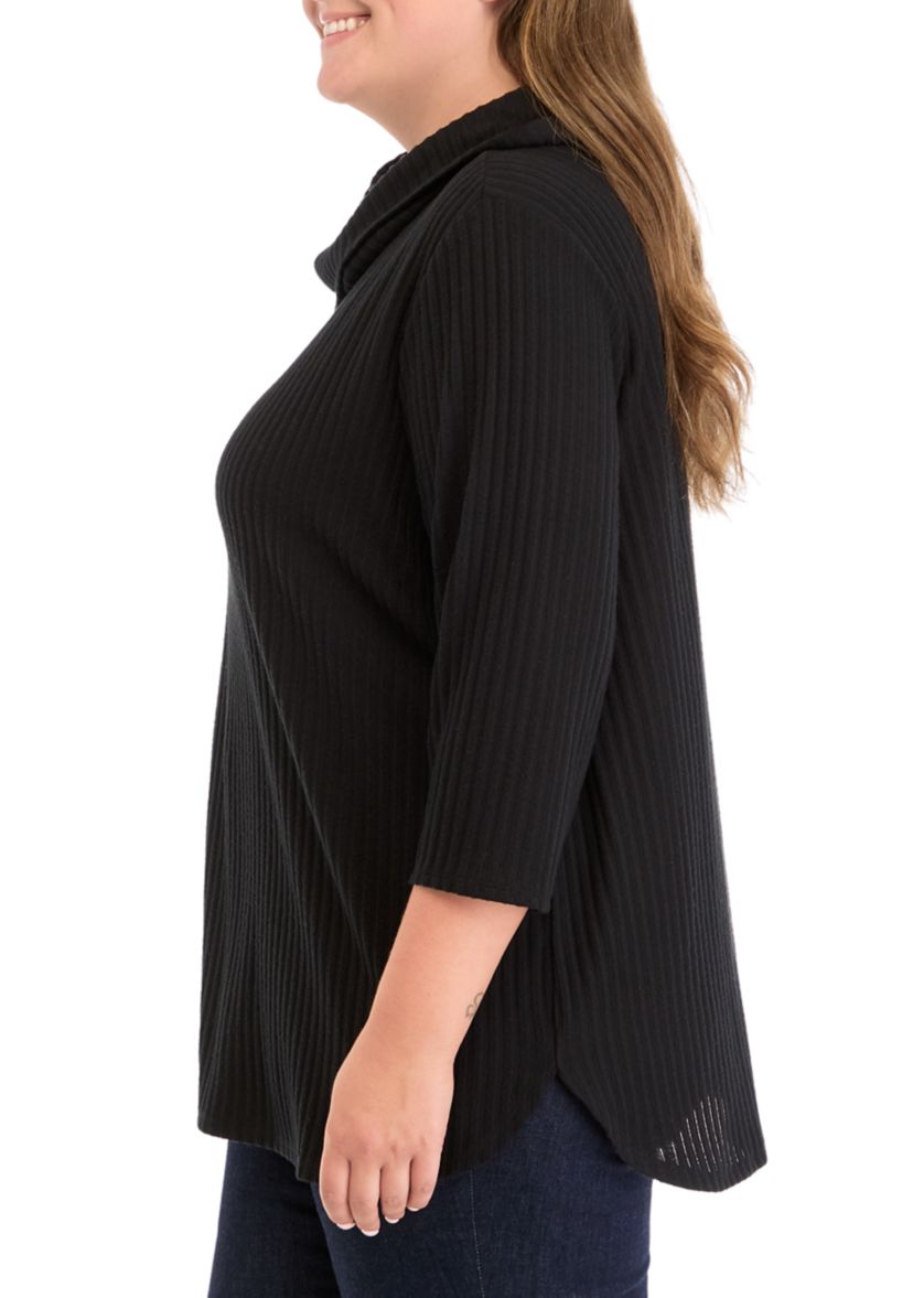 Plus Size Ribbed Knit Hacci Cowl Neck Sweater