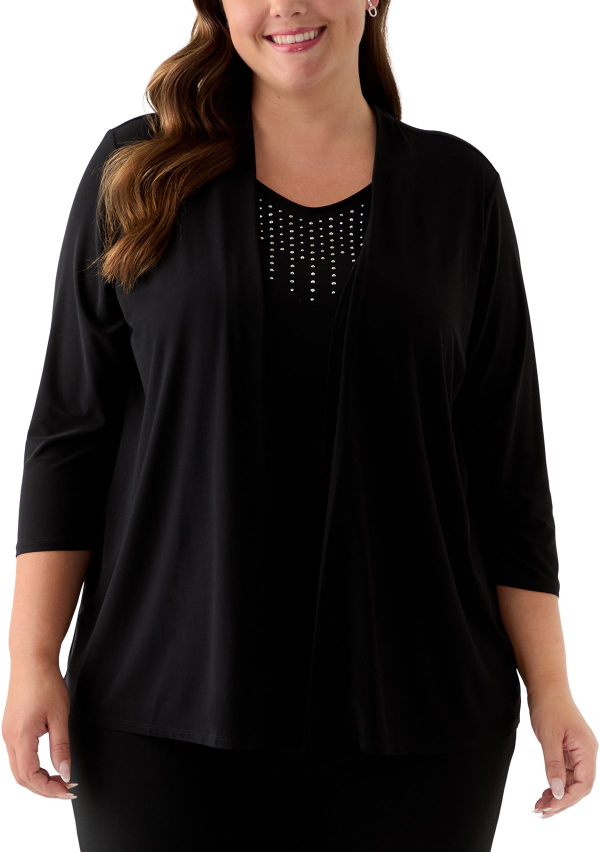 Plus Size 3/4 Sleeve Cardigan Twofer Knit Top 