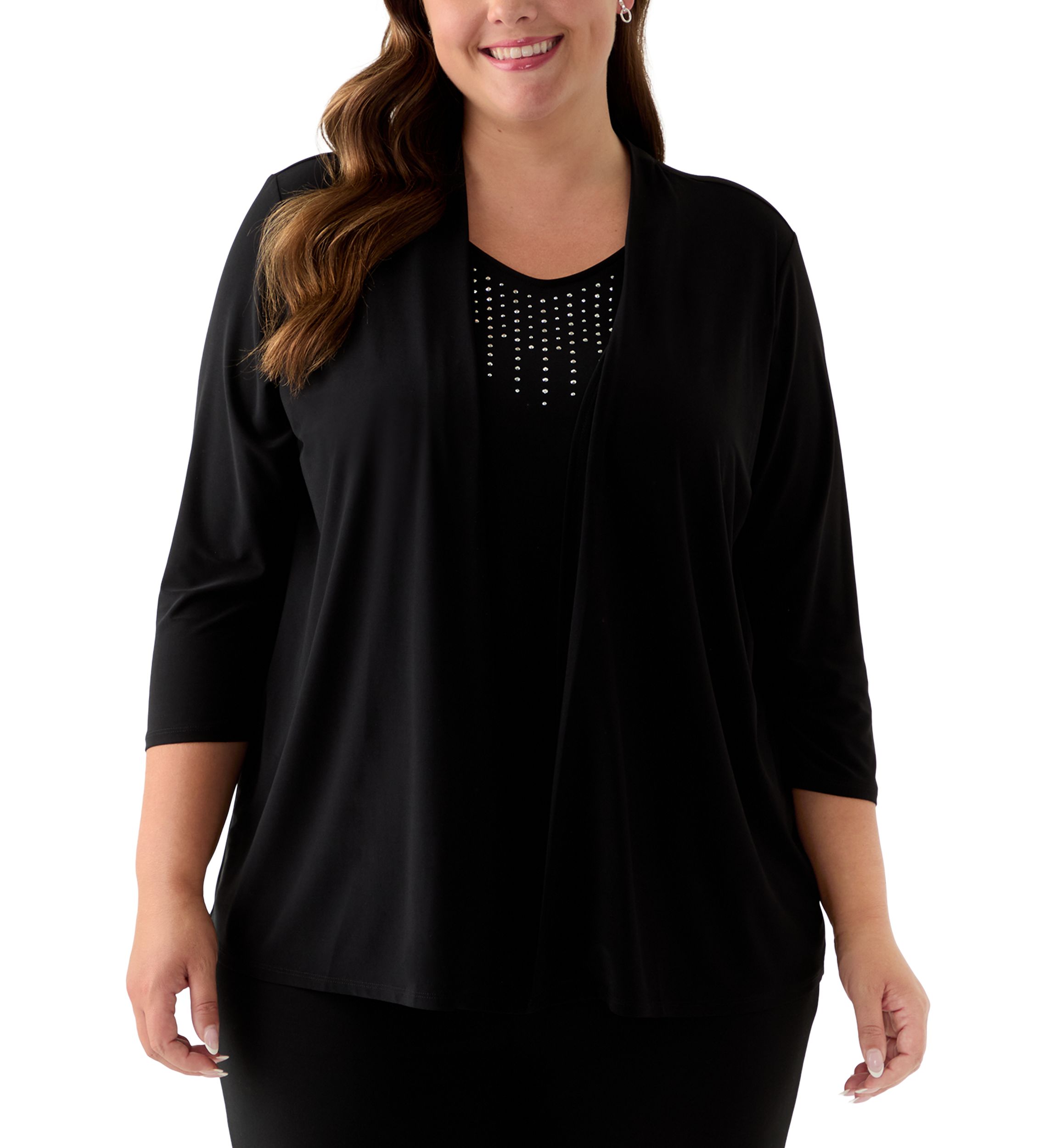 Plus Size 3/4 Sleeve Cardigan Twofer Knit Top 