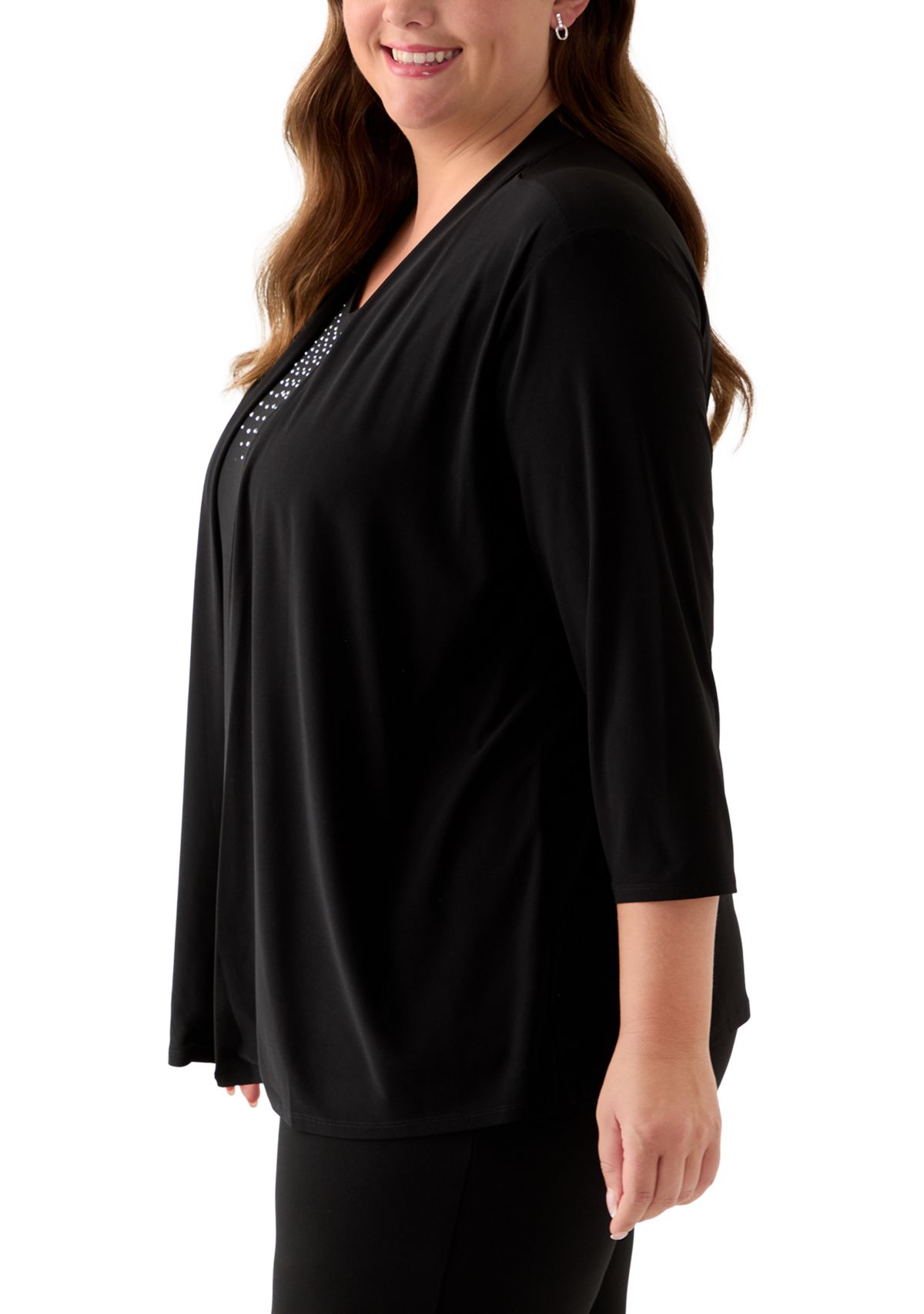 Plus Size 3/4 Sleeve Cardigan Twofer Knit Top 
