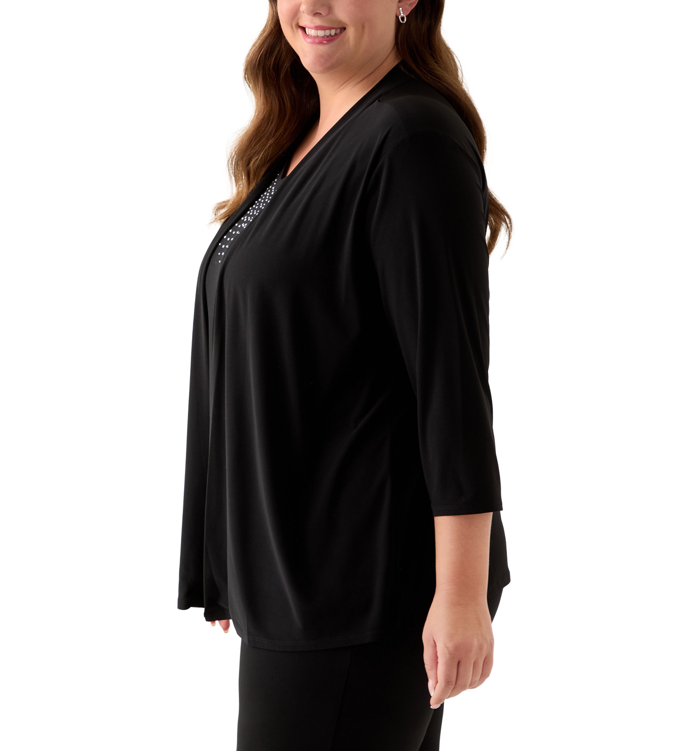 Plus Size 3/4 Sleeve Cardigan Twofer Knit Top 