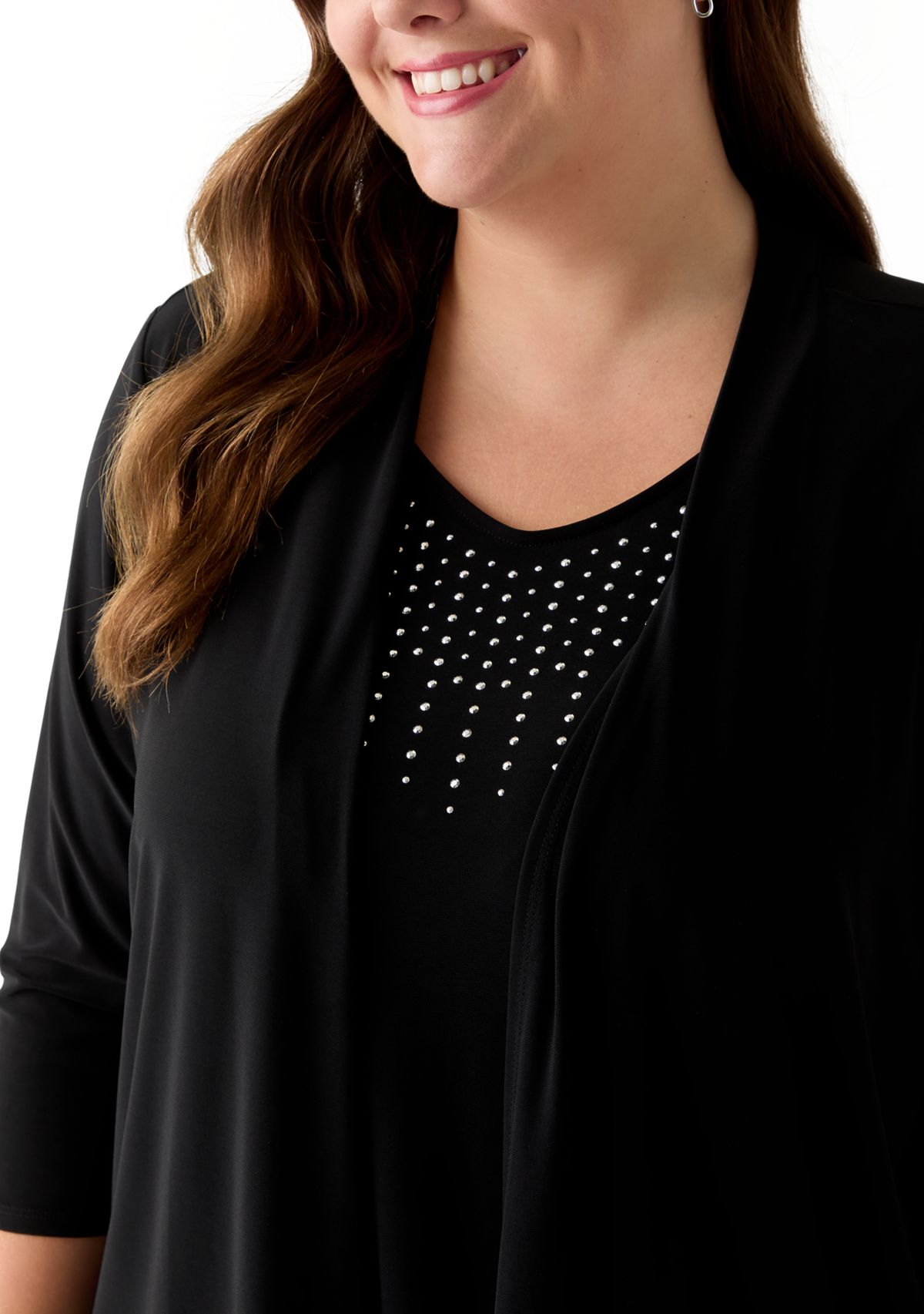 Plus Size 3/4 Sleeve Cardigan Twofer Knit Top 