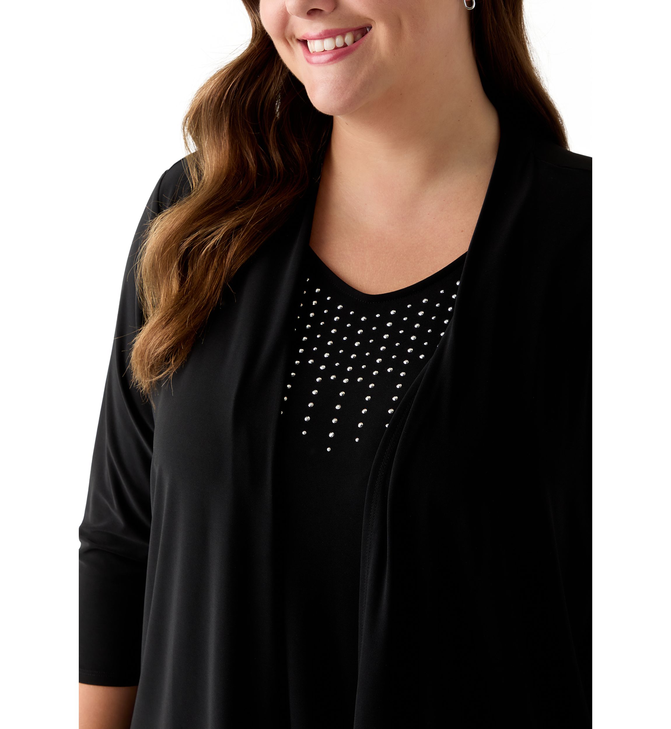 Plus Size 3/4 Sleeve Cardigan Twofer Knit Top 